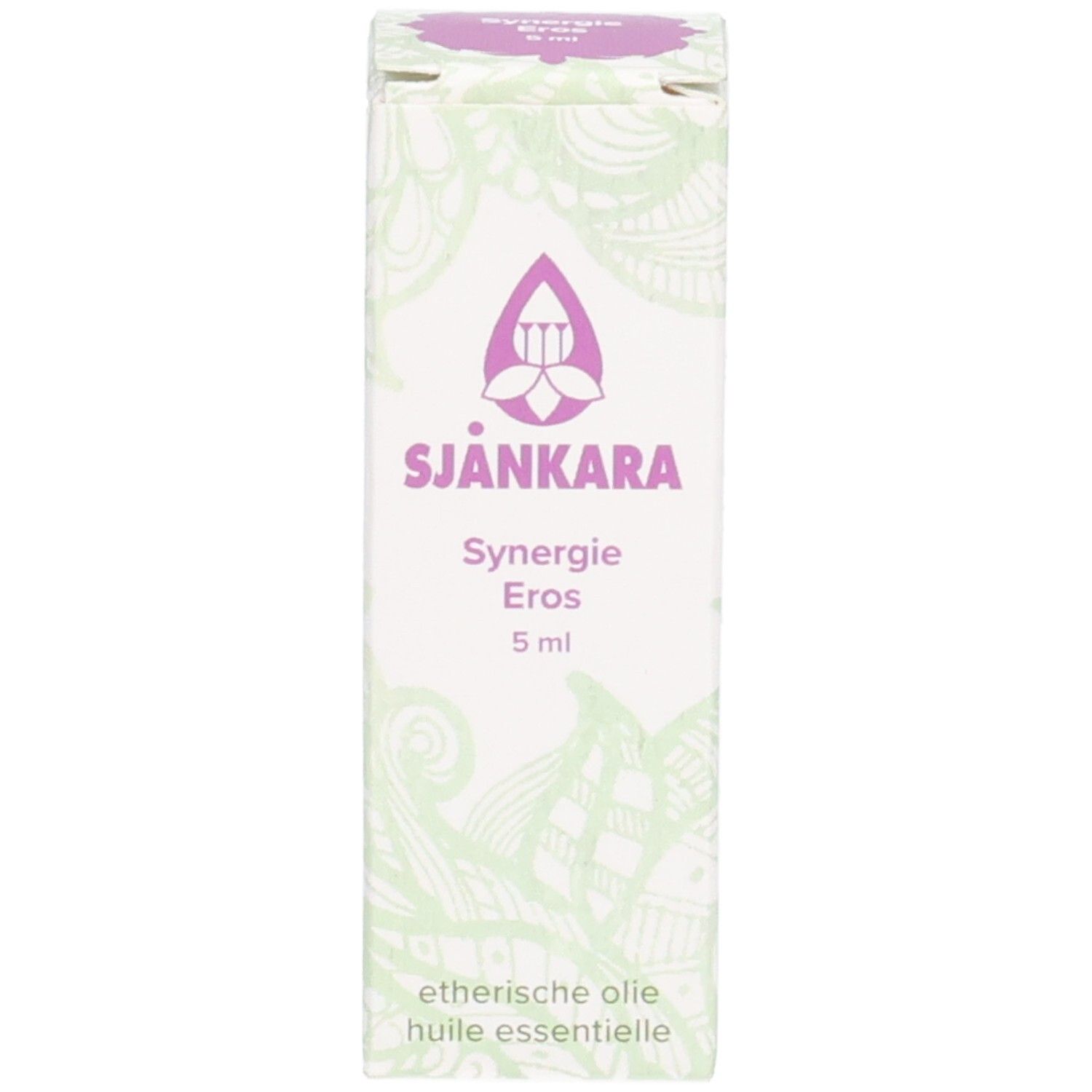 Witte doos met logo en tekst: Sjankara, Synergie Eros, 5 ml, huile essentielle.