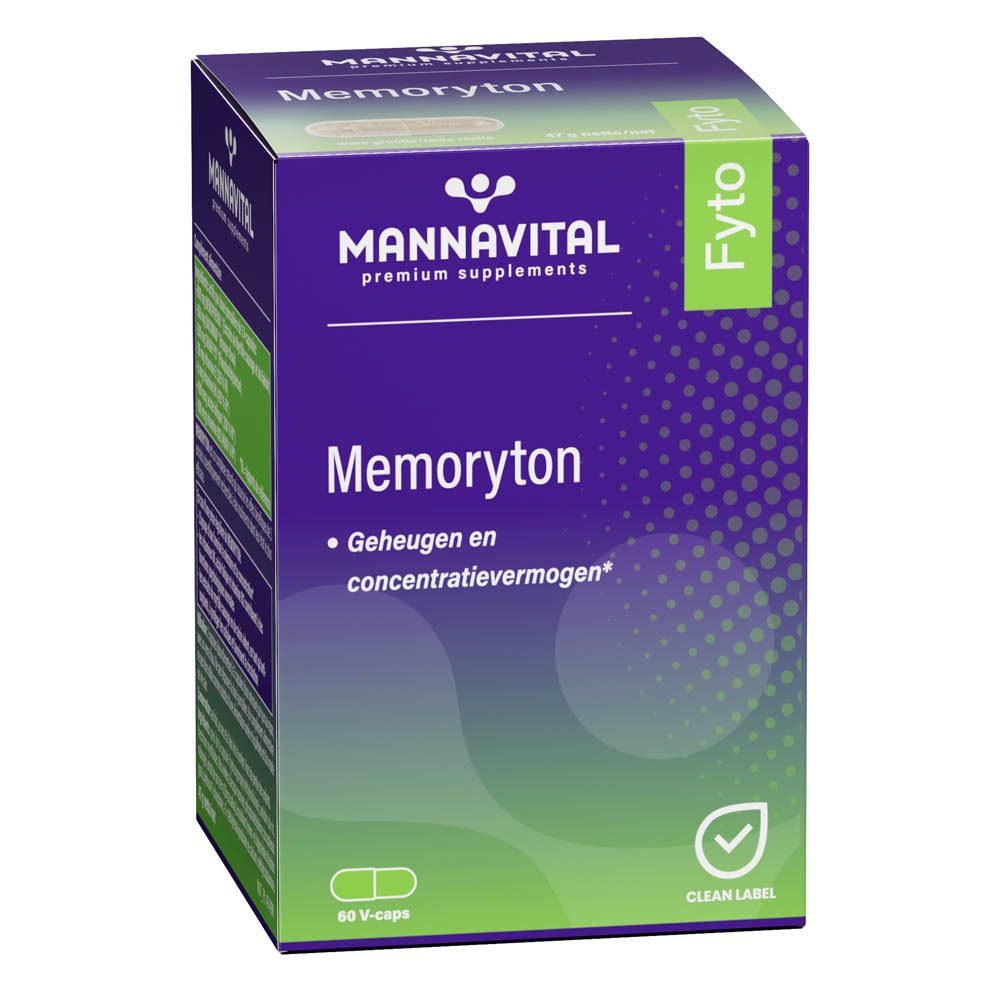 Doos van MannaVital Memortyon. Paars-groene kleuren. Opschrift: Memortyon. 60 V-caps. Clean Label.