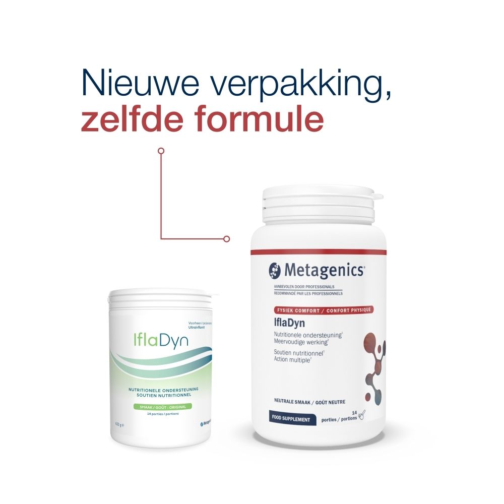 Twee producten naast elkaar. Links: IflaDyn pot. Rechts: Metagenics pot. Tekst: Nieuwe verpakking, zelfde formule.