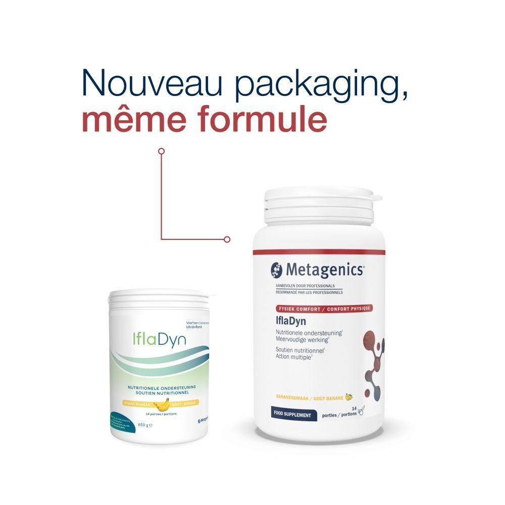 Deux récipients, à gauche IflaDyn Banane, à droite un autre produit. Texte : Nouveau packaging, même formule.