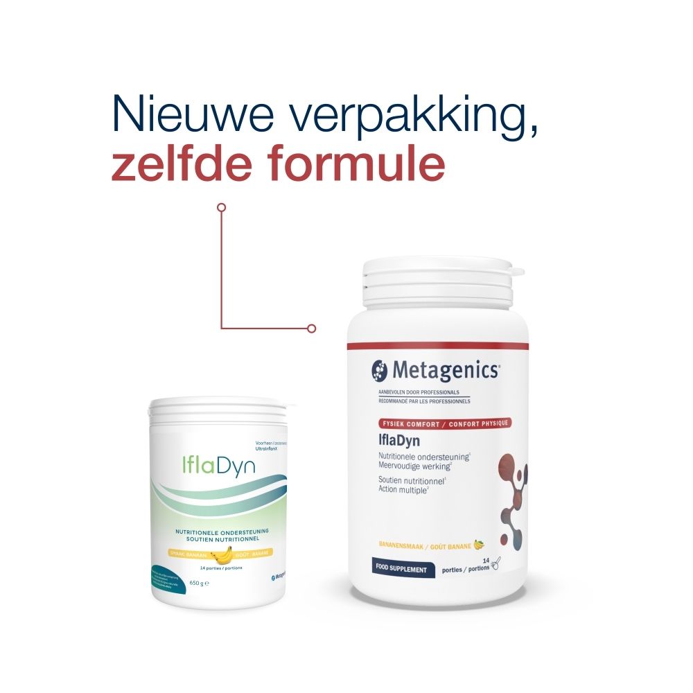 Twee potten, links IflaDyn Banaan, rechts een ander product. Tekst: Nieuwe verpakking, zelfde formule.