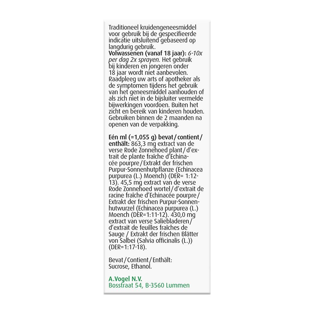 A. Vogel Echinaforcemed Spray. Verpakking met productinformatie. Tekst in het Nederlands.