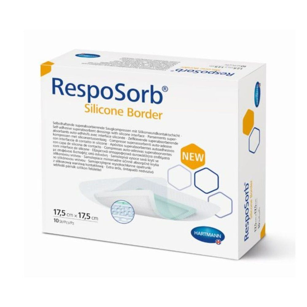 Verpakking van RespoSorb Silicone Border. Afmeting: 17,5 x 17,5 cm, 10 stuks. Merk Hartmann. Met "NEW" label.
