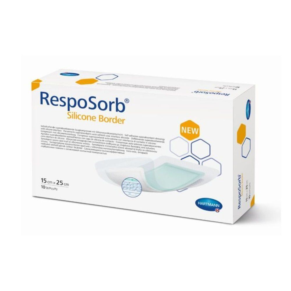 Verpakking van RespoSorb Silicone Border. Opschrift: 15x25 cm, 10 stuks. Merk Hartmann. Met label 'NEW'.