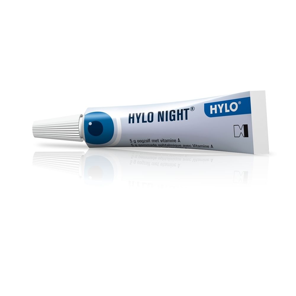 Pommade ophtalmique HYLO NIGHT® 5g en tube et boîte pliante avec motif œil.