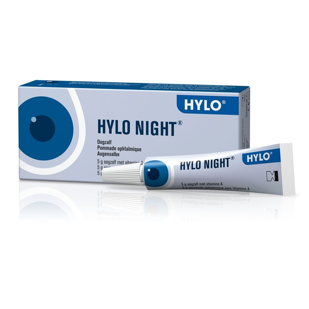 Doosje HYLO NIGHT® oogzalf 5g met oogafbeelding en productinformatie.
