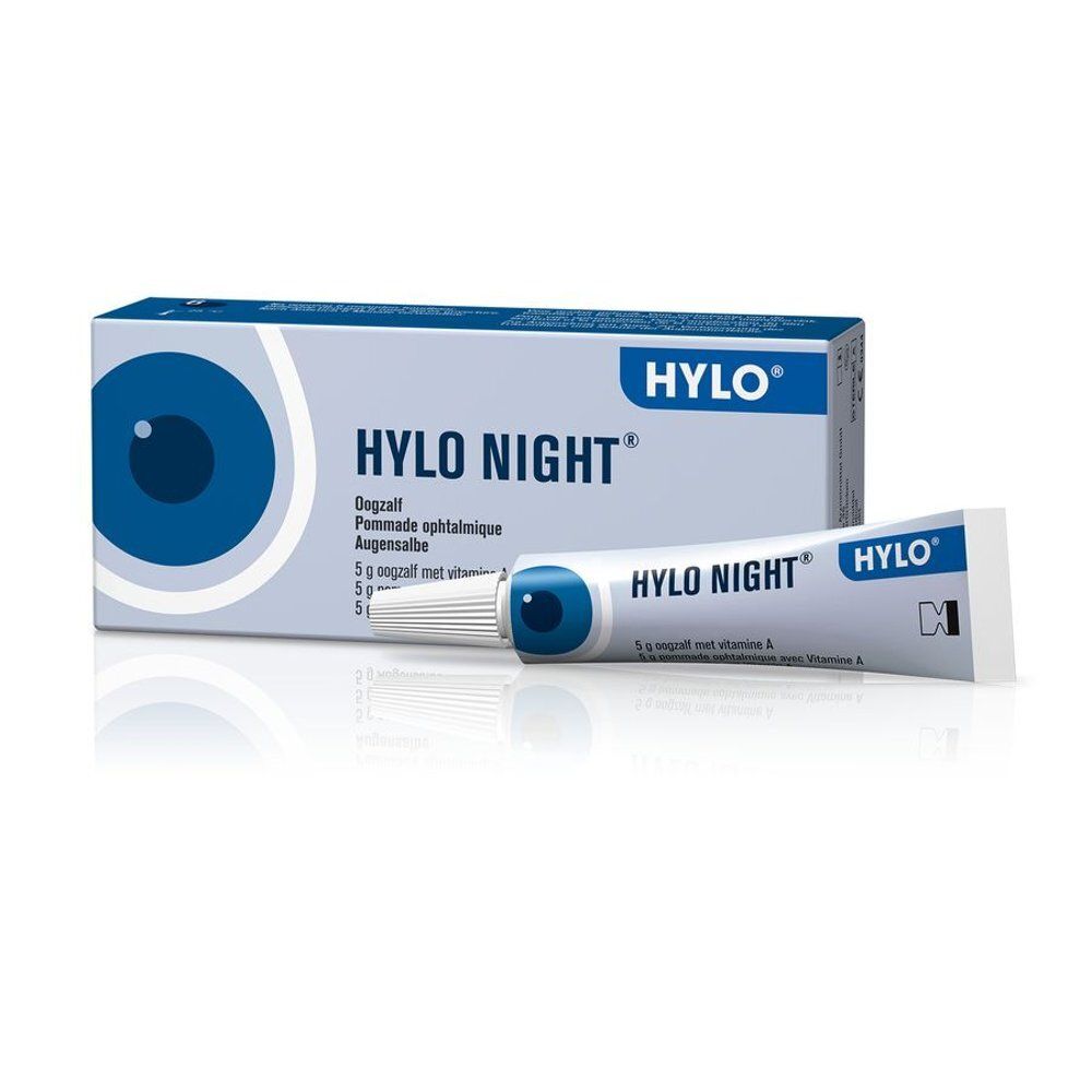 Doosje HYLO NIGHT® oogzalf 5g met oogafbeelding en productinformatie.
