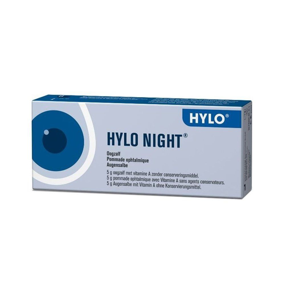 Doosje HYLO NIGHT® oogzalf 5g met oogafbeelding en productinformatie.