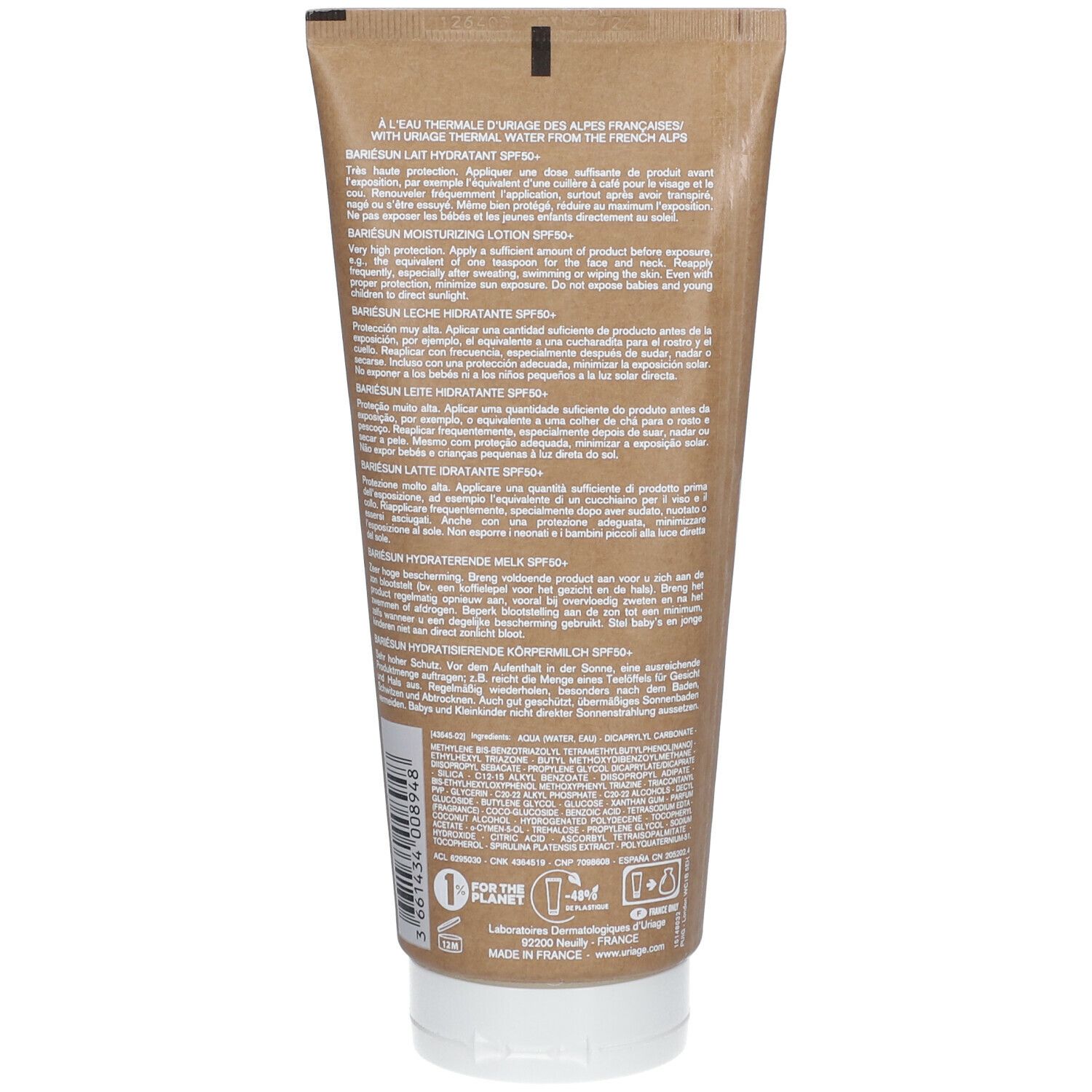 Beige tube met witte dop. Tekst: Bariésun Lait Hydratant SPF50+. Voor de huid.