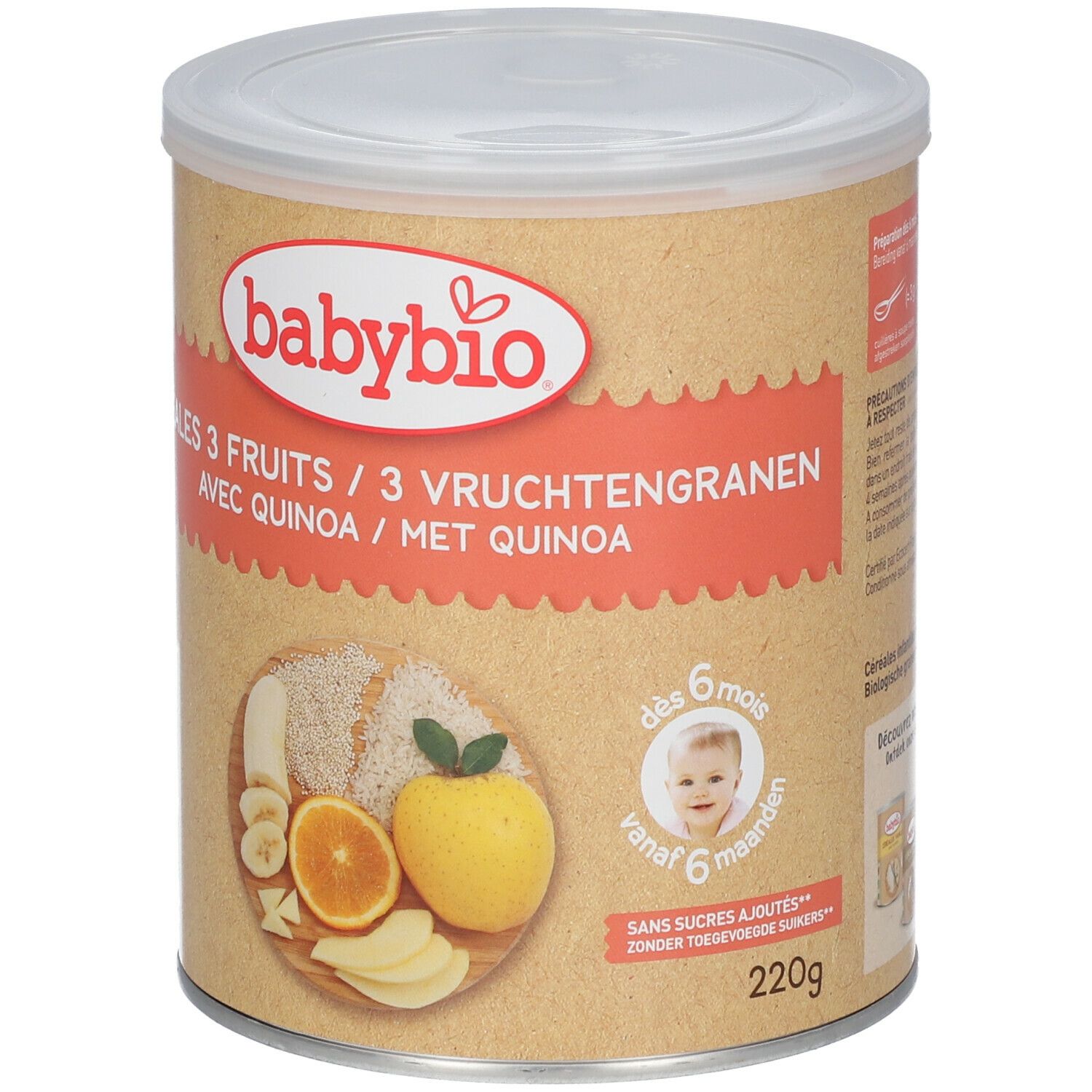 Babybio Céréales Biologiques aux 3 Fruits avec Quinoa - Alimentation Biologique pour Bébé - Céréales pour Bébé - dès 6 Mois