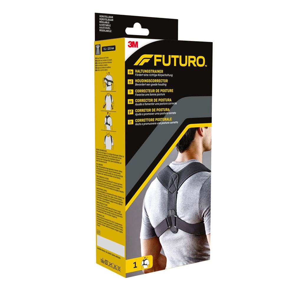 Boîte de la 3M™ Futuro™ Correcteur de posture. Boîte noire et jaune avec image du produit et nom de la marque.
