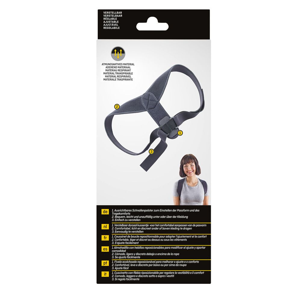 Dos de l'emballage du correcteur de posture 3M™ Futuro™. Image du produit et instructions d'utilisation.