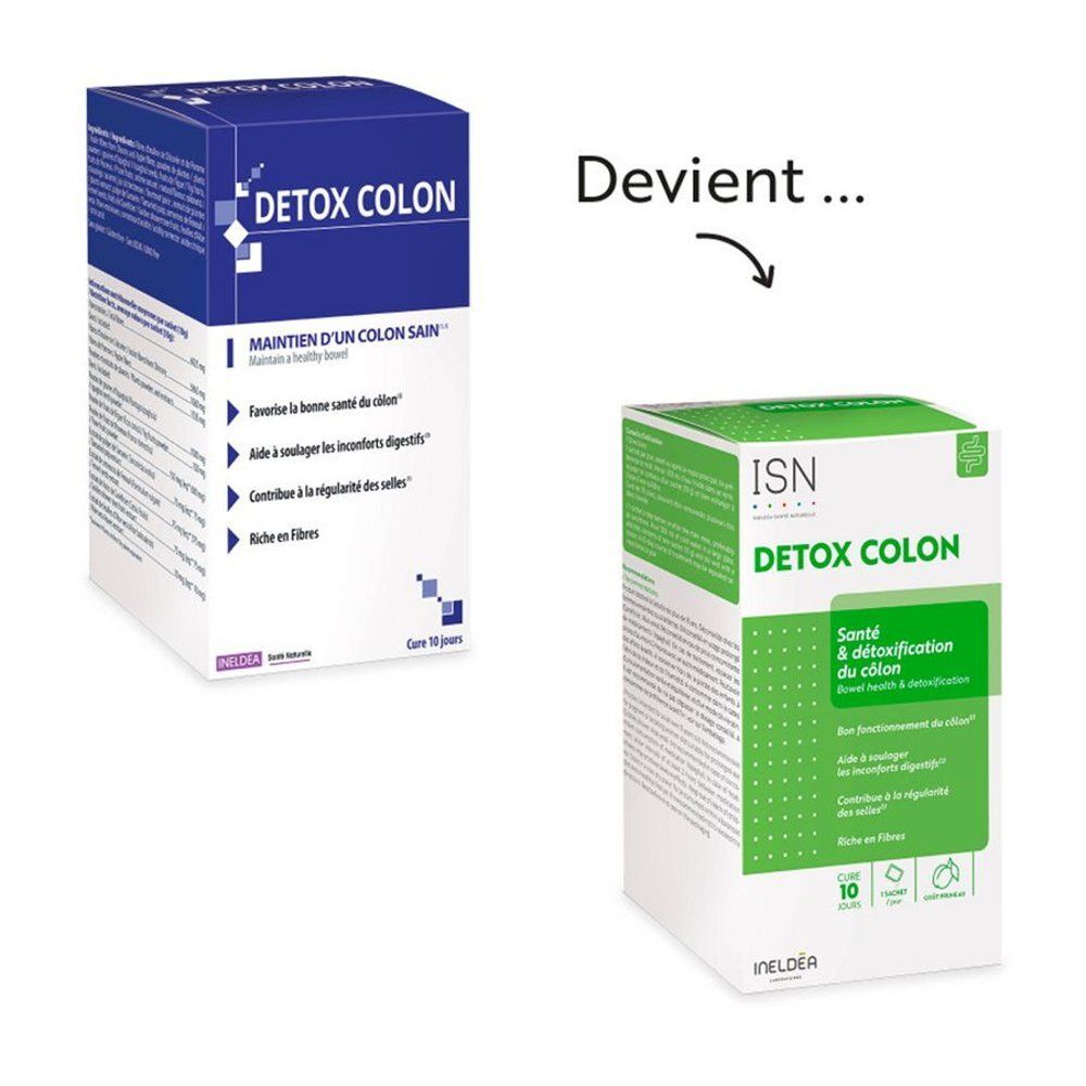 Achterkant van de blauwe Detox Colon-verpakking. Bevat informatie over ingrediënten en gebruik.