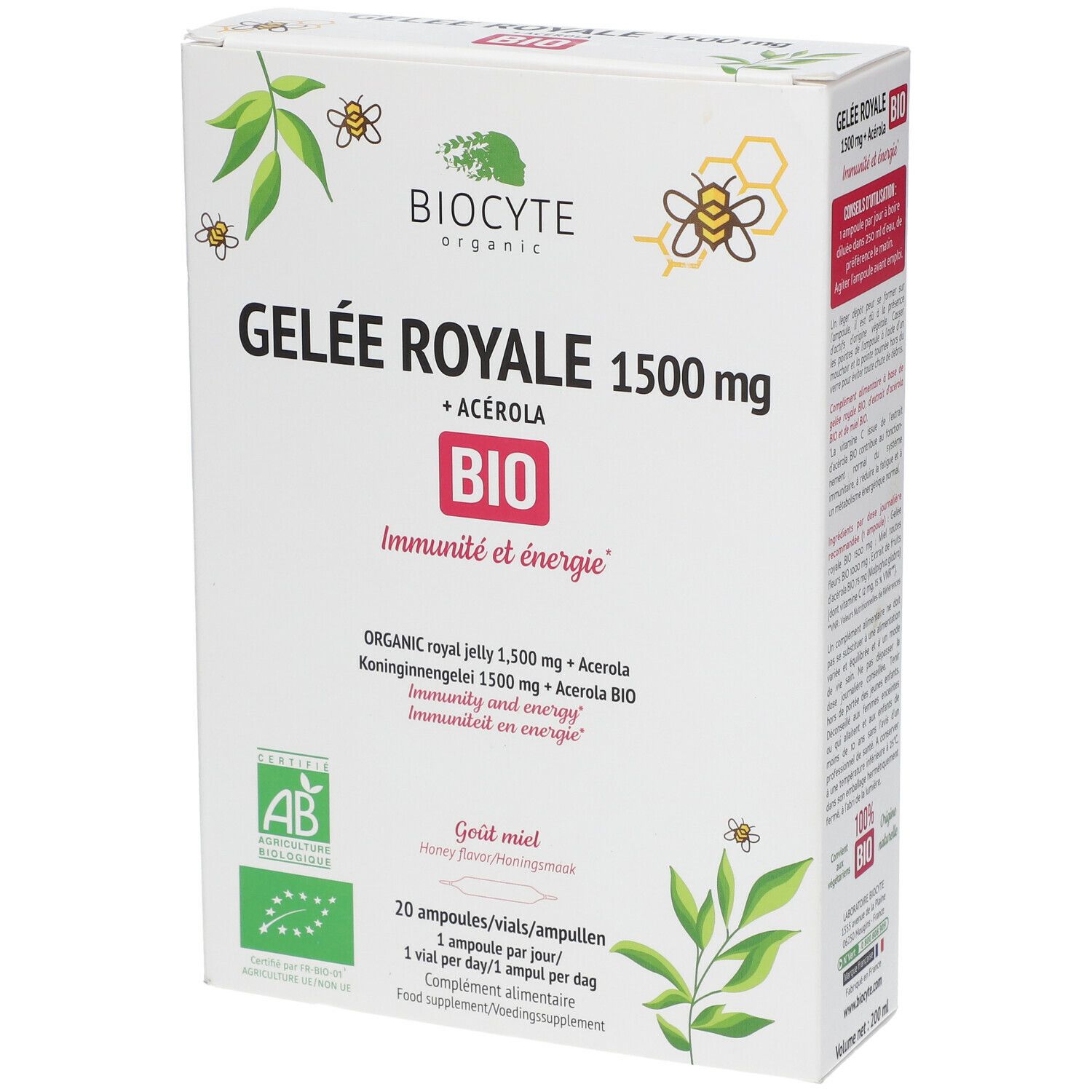 Witte doos met "Gelée Royale 1500 mg + Acerola BIO". Bevat 20 ampullen. AB bio-label.