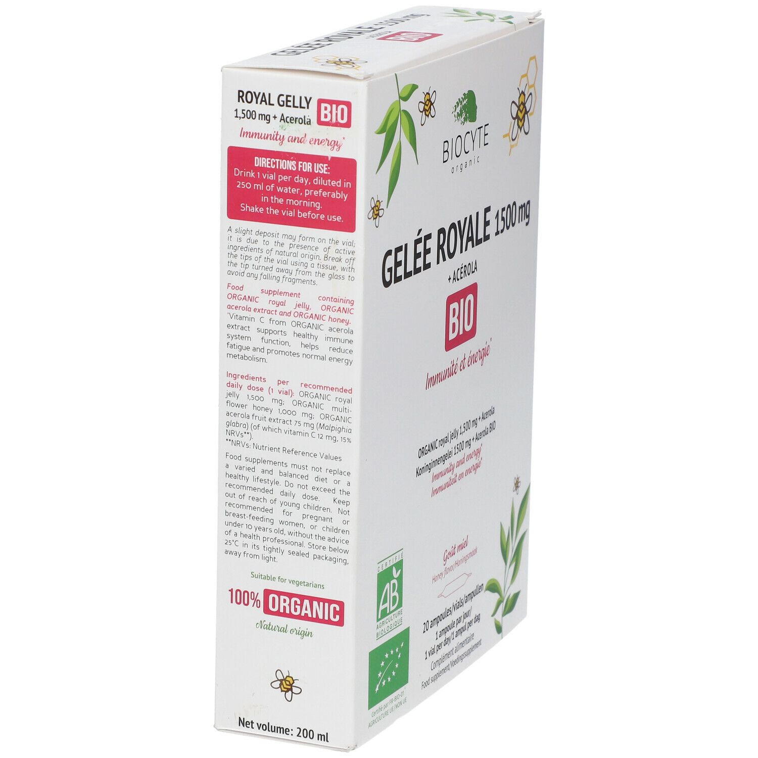 Witte doos, "Gelée Royale 1500 mg + Acerola BIO". Bevat 20 ampullen. 100% Bio. AB bio-label.