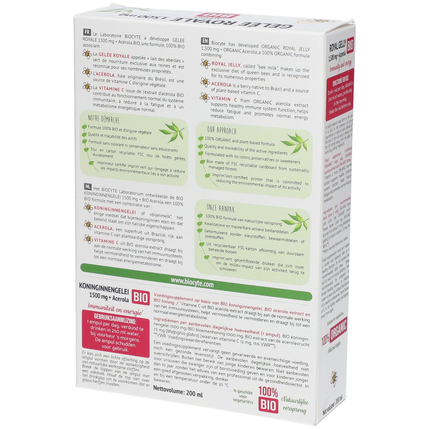 Achterkant doos "Gelée Royale 1500 mg + Acerola BIO". Meertalige tekst. 100% bio-label.