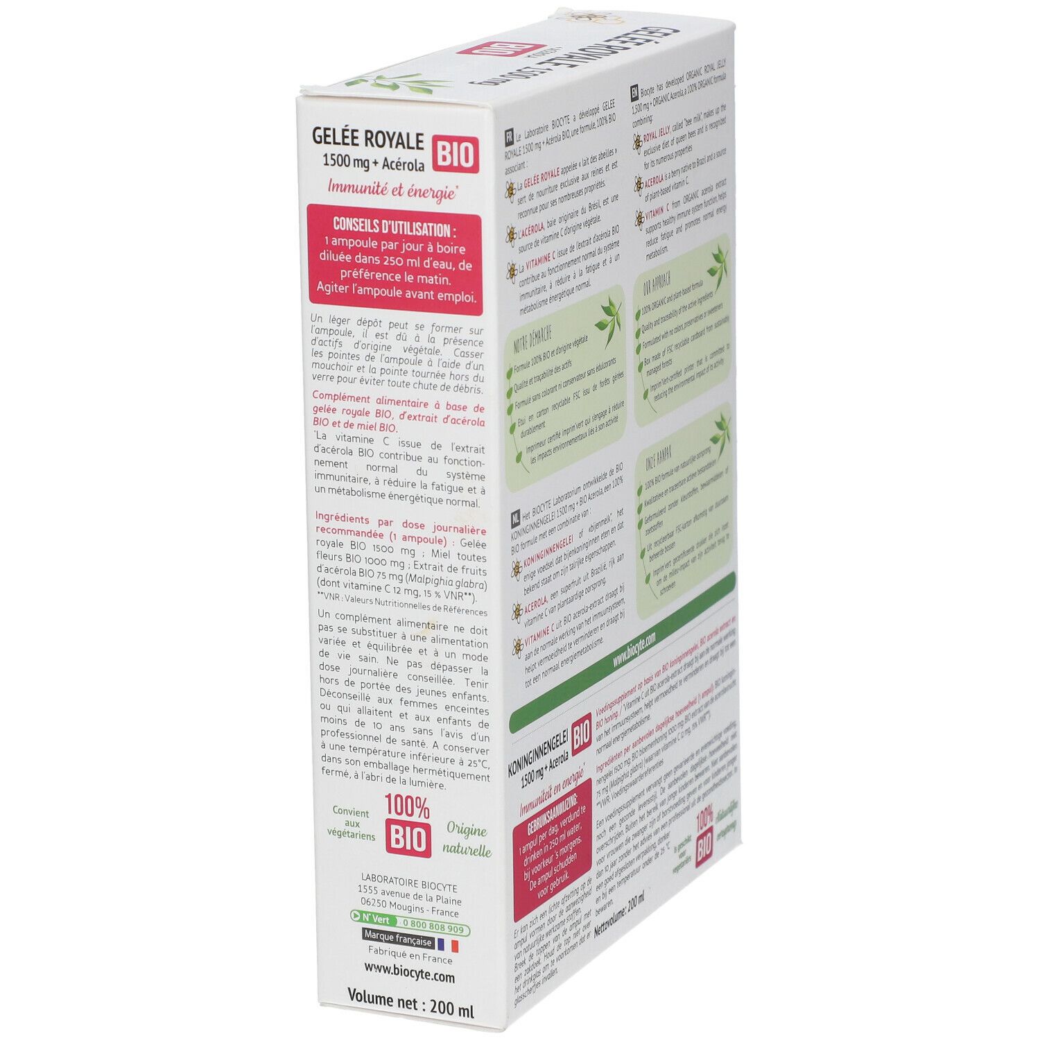 Zijaanzicht doos "Gelée Royale 1500 mg + Acerola BIO". Tekst en logo. 100% bio-label.