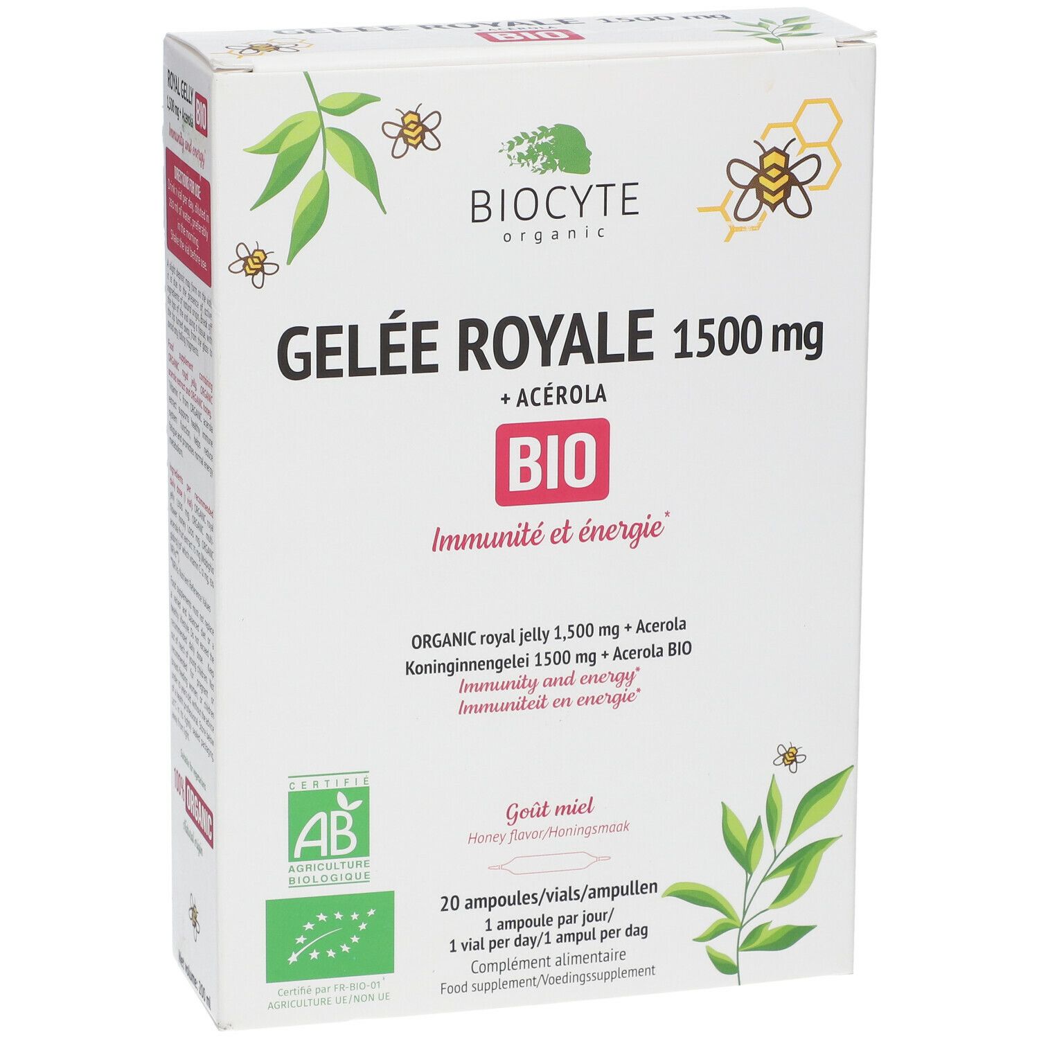 Witte doos met "Gelée Royale 1500 mg + Acerola BIO". Bevat 20 ampullen. AB bio-label.