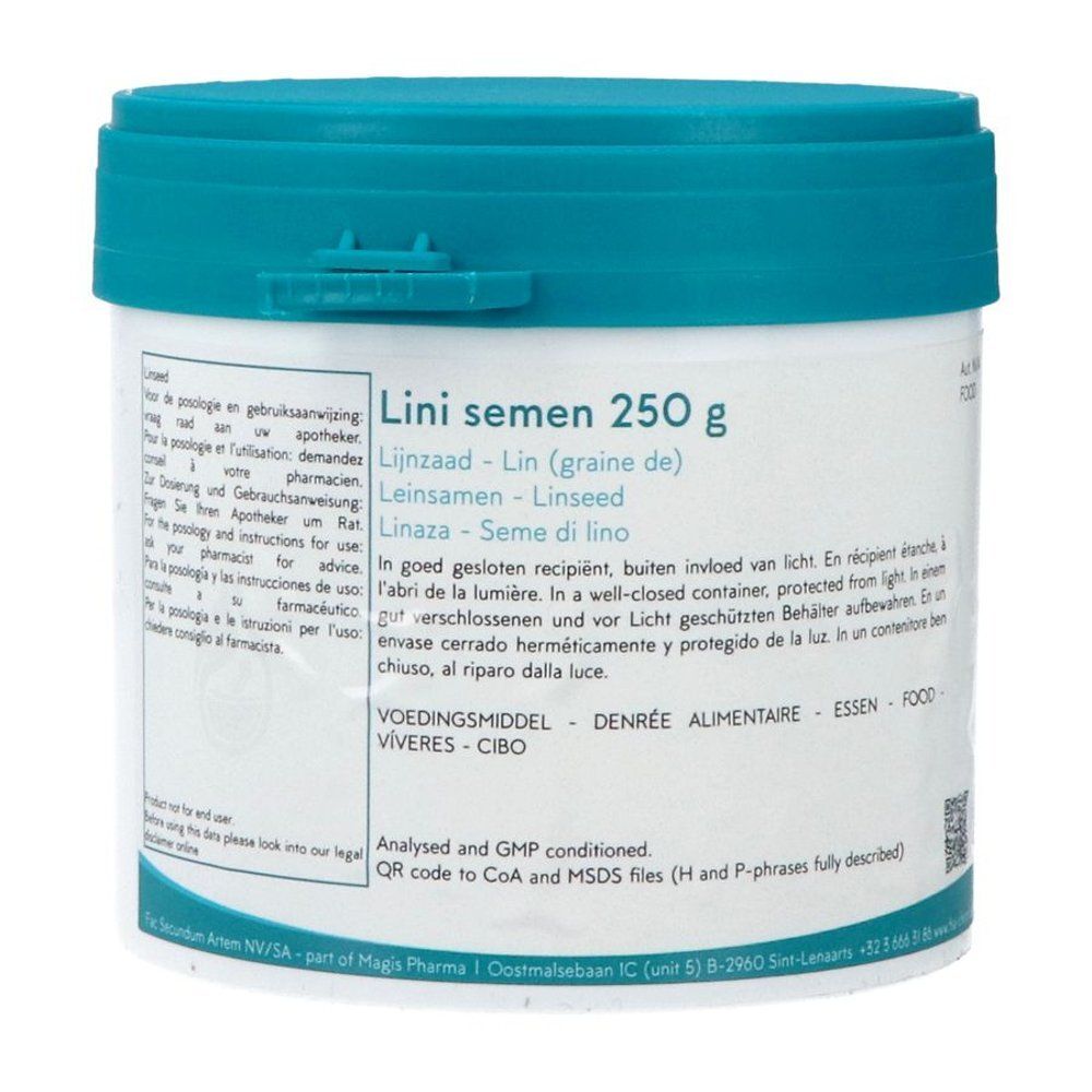 Witte pot met blauwe deksel. Opschrift: Lini semen 250 g. Tekst in meerdere talen. Fabrikantenlogo.