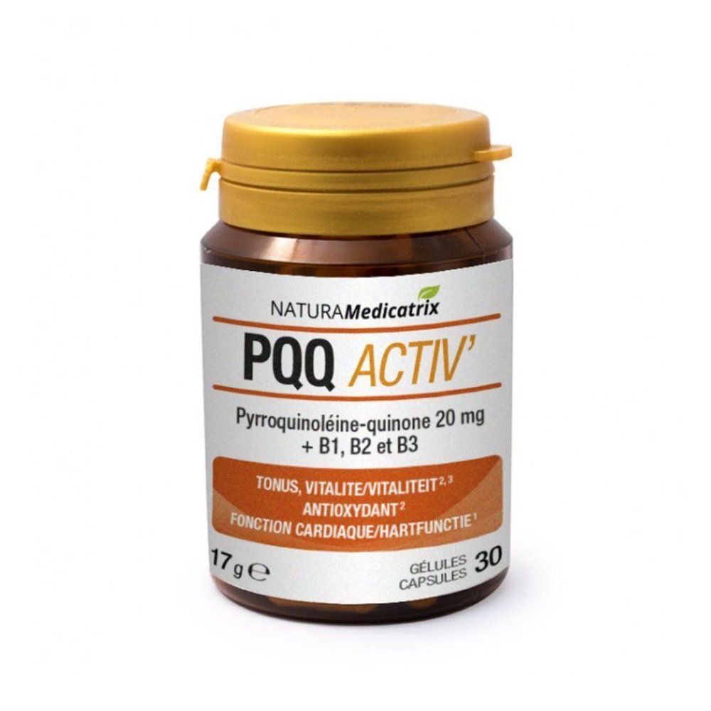 Bruine glazen fles met gouden deksel. Etiket met productnaam PQQ ACTIV'. Bevat 30 capsules.