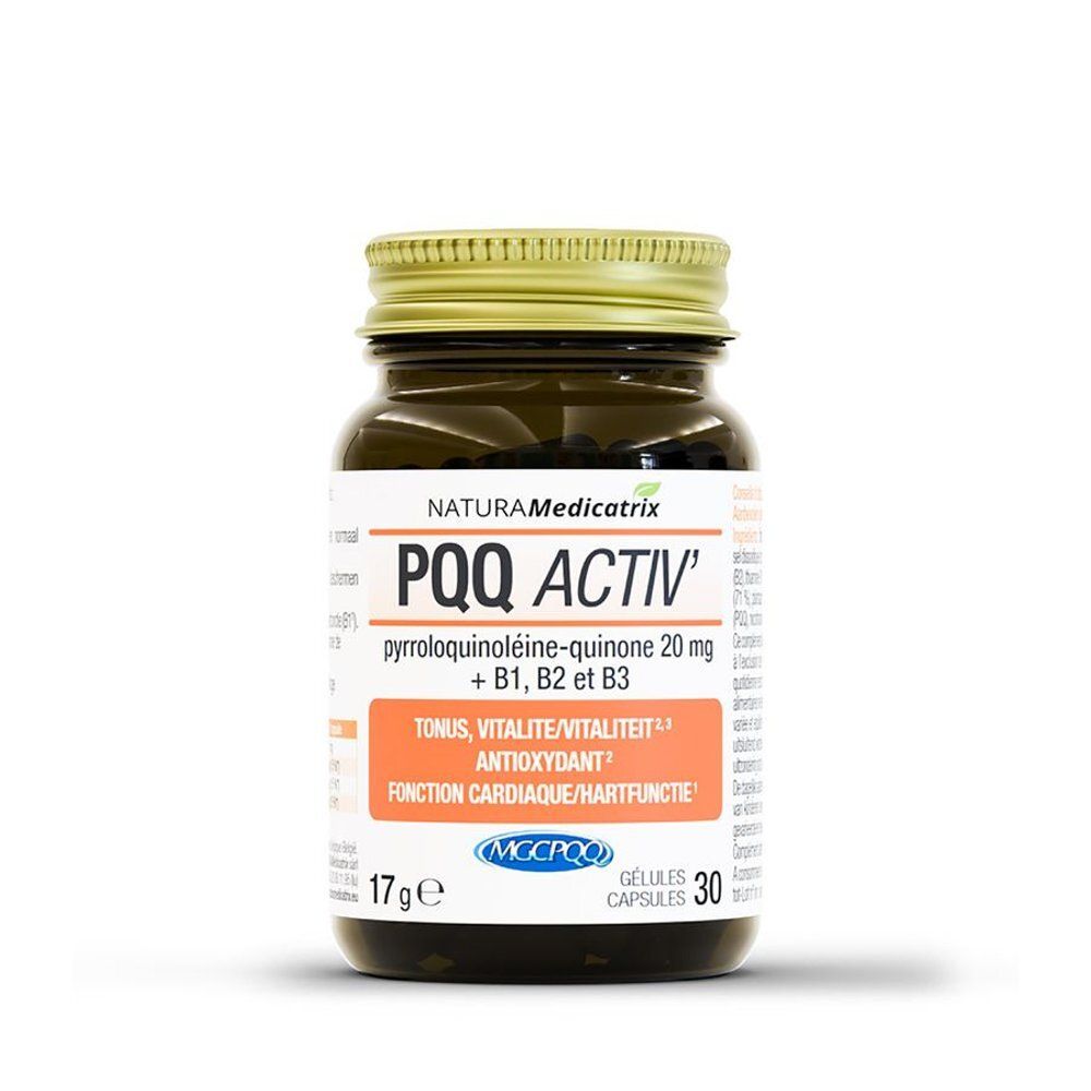 Bruine glazen fles met gouden deksel. Etiket met productnaam PQQ ACTIV'. Bevat 30 capsules.