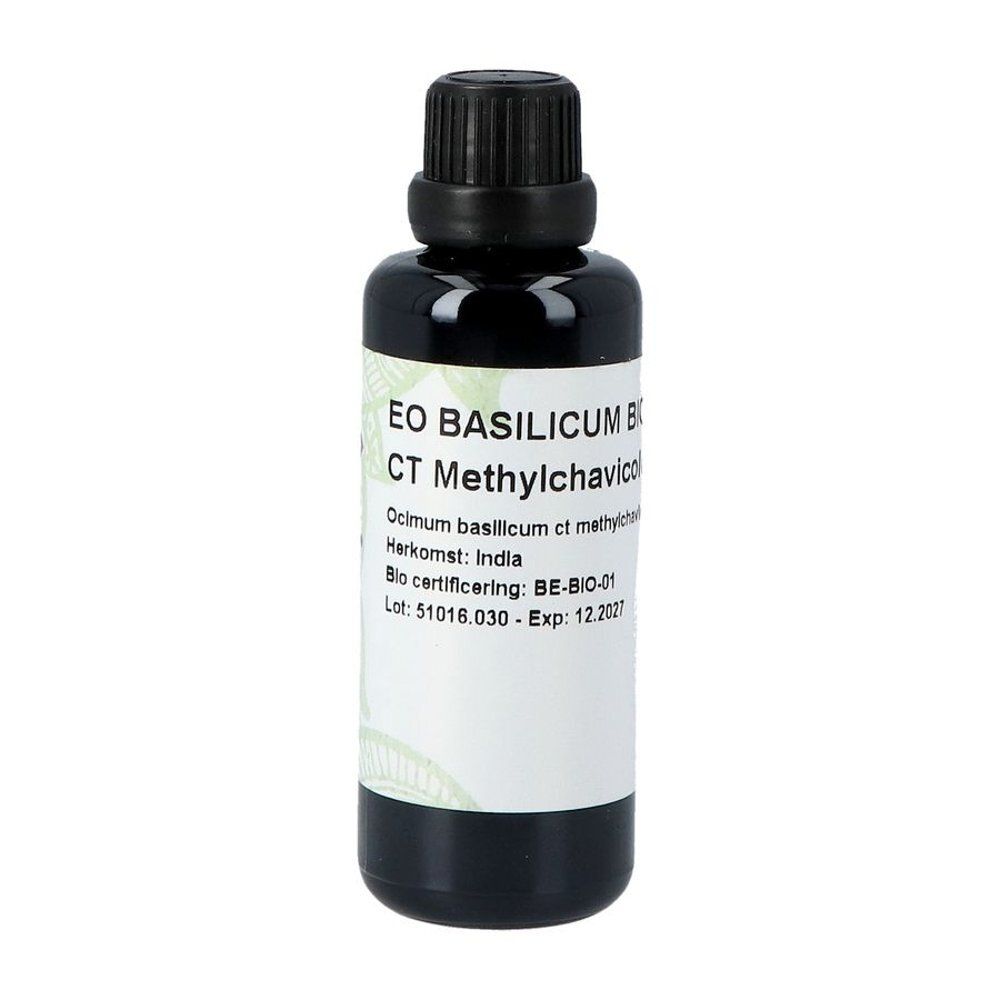 Bruine glazen fles met zwarte dop. Etiket met tekst: EO BASILICUM, CT Methylchavicol, Bio-certificering.