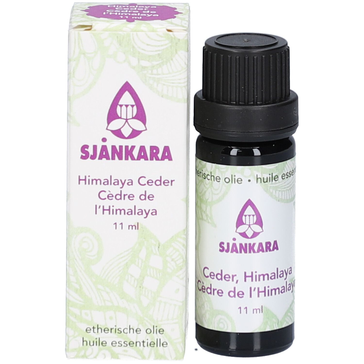 Flacon et emballage. Flacon brun avec bouchon noir. Emballage avec logo et nom du produit. 11 ml.