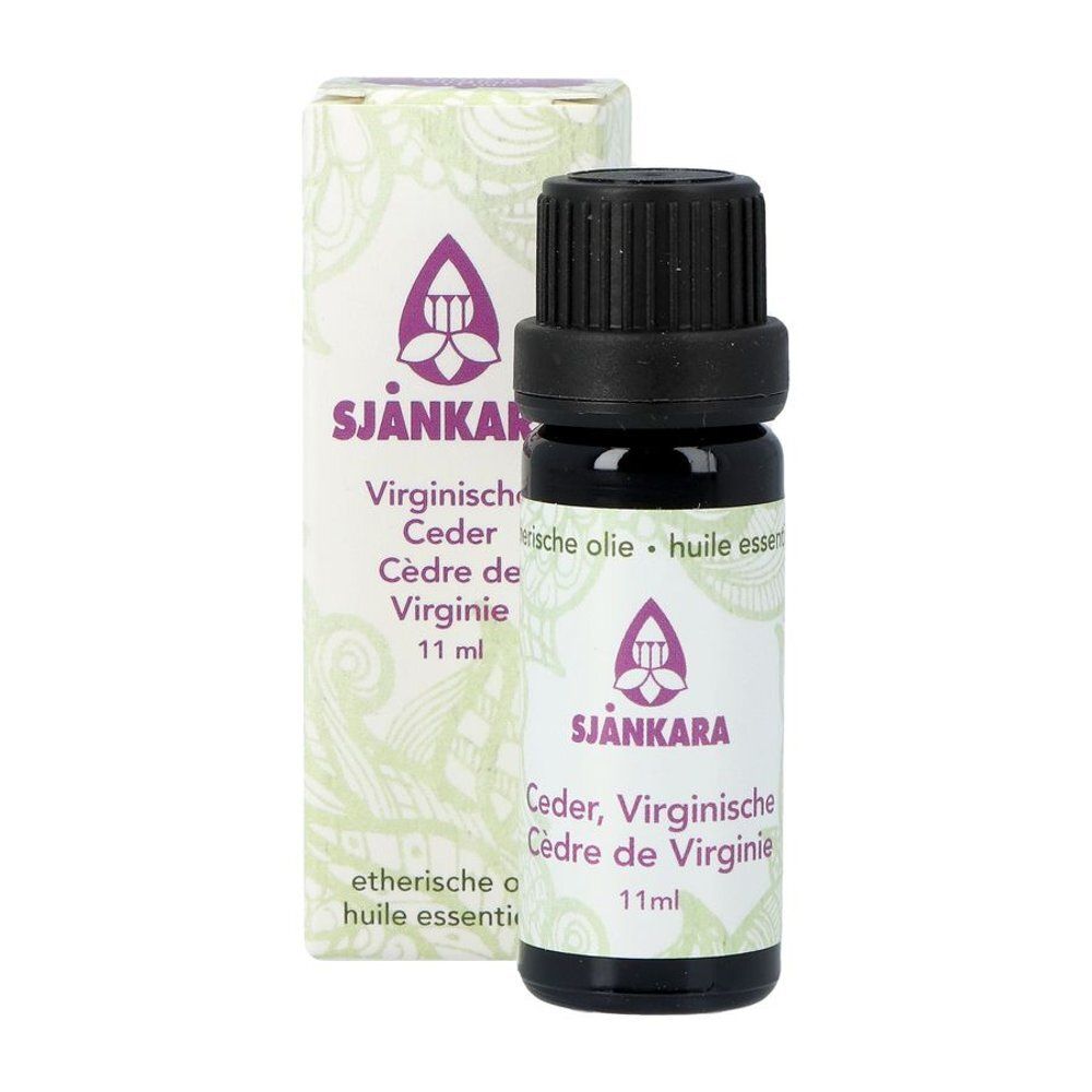 Flacon et emballage avec informations produit. Inscription: Sjankara, Cèdre de Virginie, 11 ml. Logo violet.