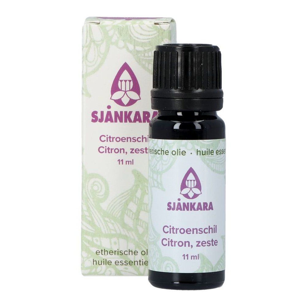 Fles en doos. Fles met zwarte dop. Doos met logo en tekst: Citron, zeste, 11 ml.