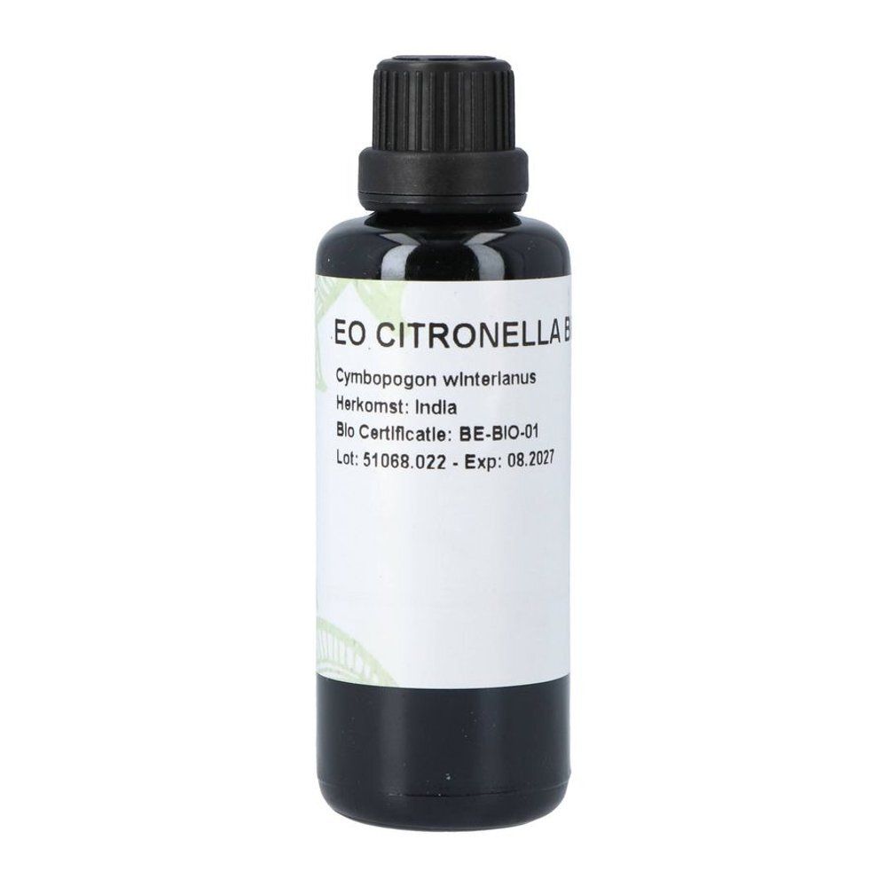 Bruine glazen fles met zwarte dop. Etiket met tekst: EO Citronella, Cymbopogon winterianus, Herkomst: India, Bio Certificatie: BE-BIO-01.