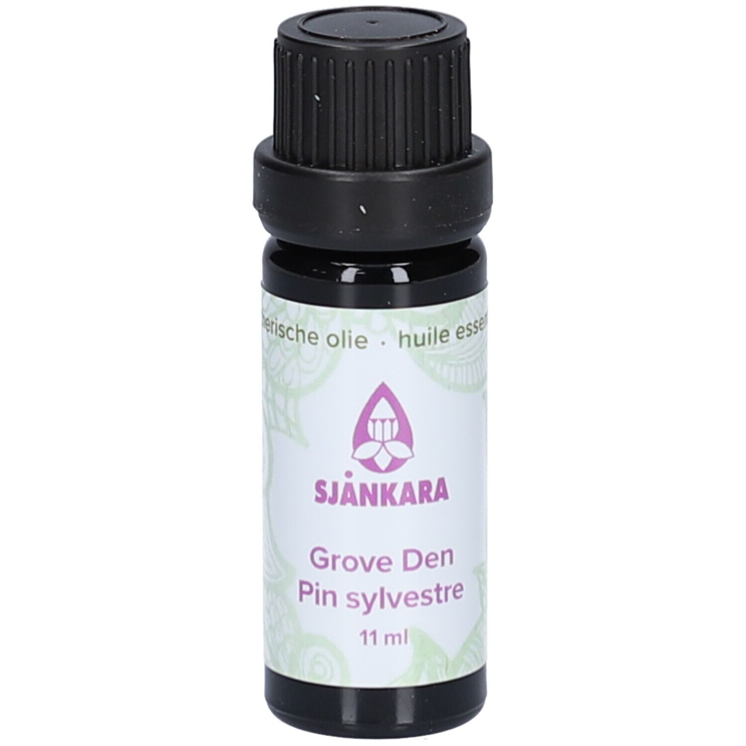 Flacon en verre brun avec bouchon noir. Étiquette avec nom du produit et logo. 11 ml.