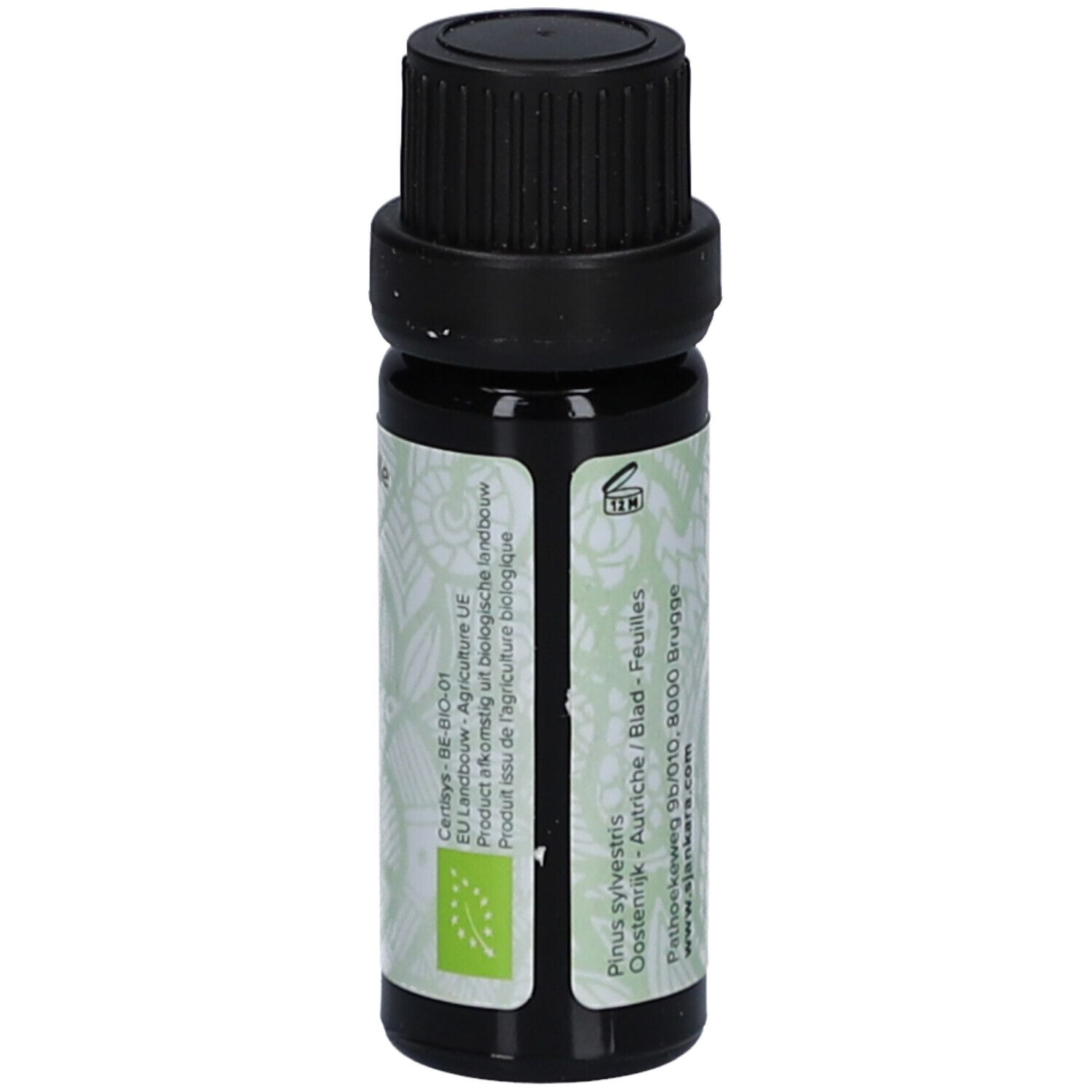 Flacon en verre brun avec bouchon noir. Étiquette avec label bio et informations produit.