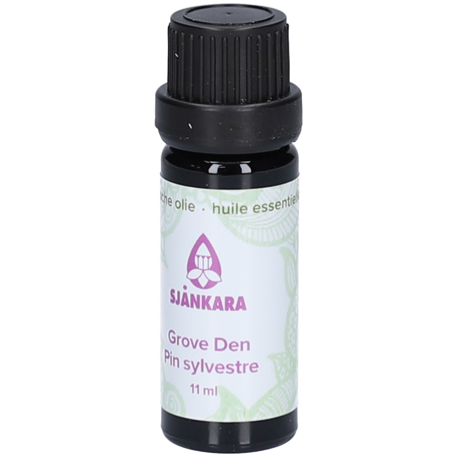 Flacon en verre brun avec bouchon noir. Étiquette avec nom du produit et logo. 11 ml.