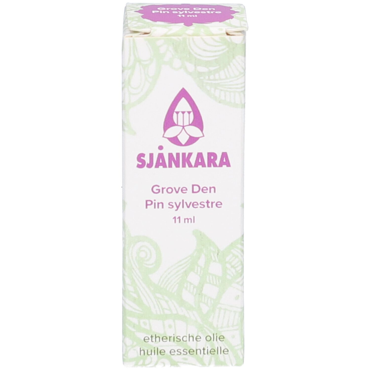 Emballage avec nom du produit et logo. 11 ml. Design vert et blanc.