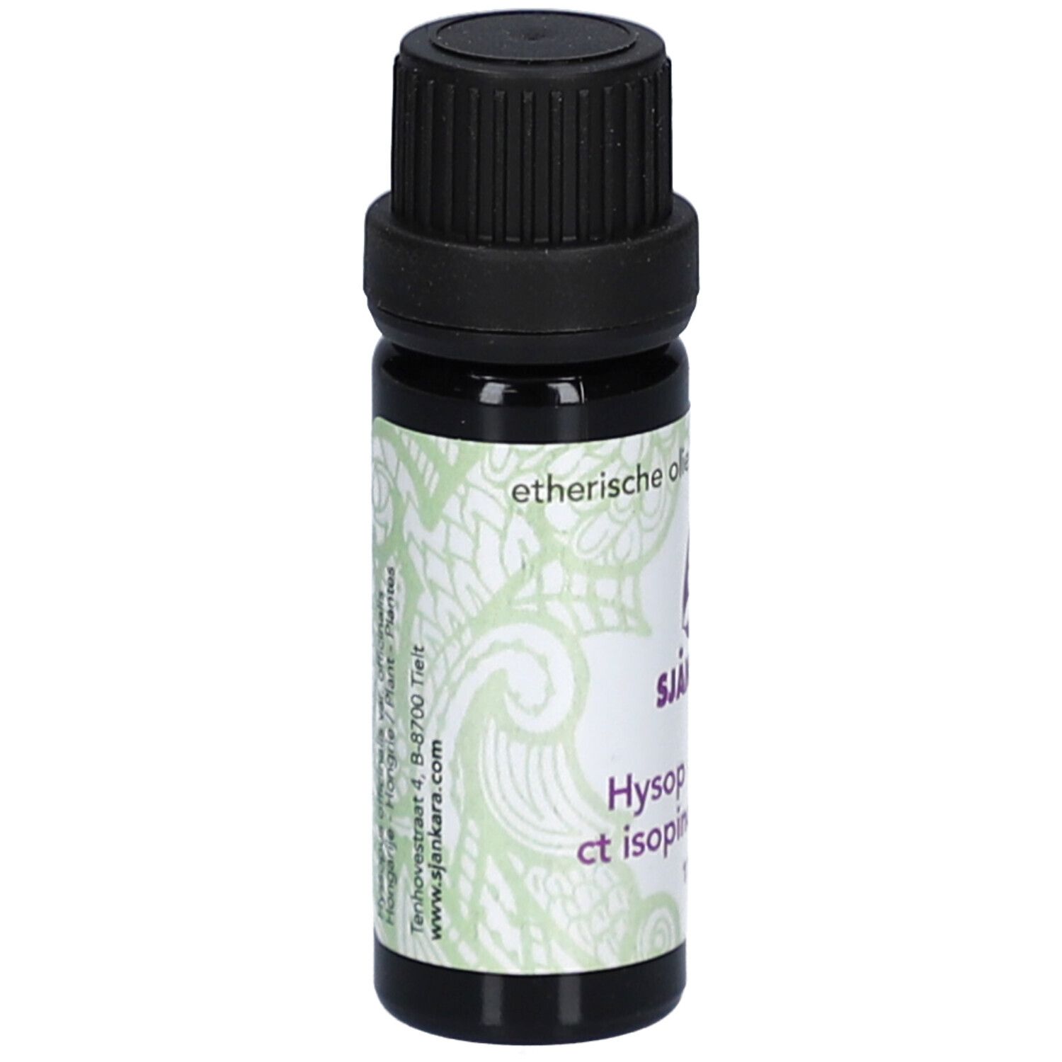 Flacon en verre brun avec bouchon noir. Étiquette avec nom, logo et texte. 11 ml.