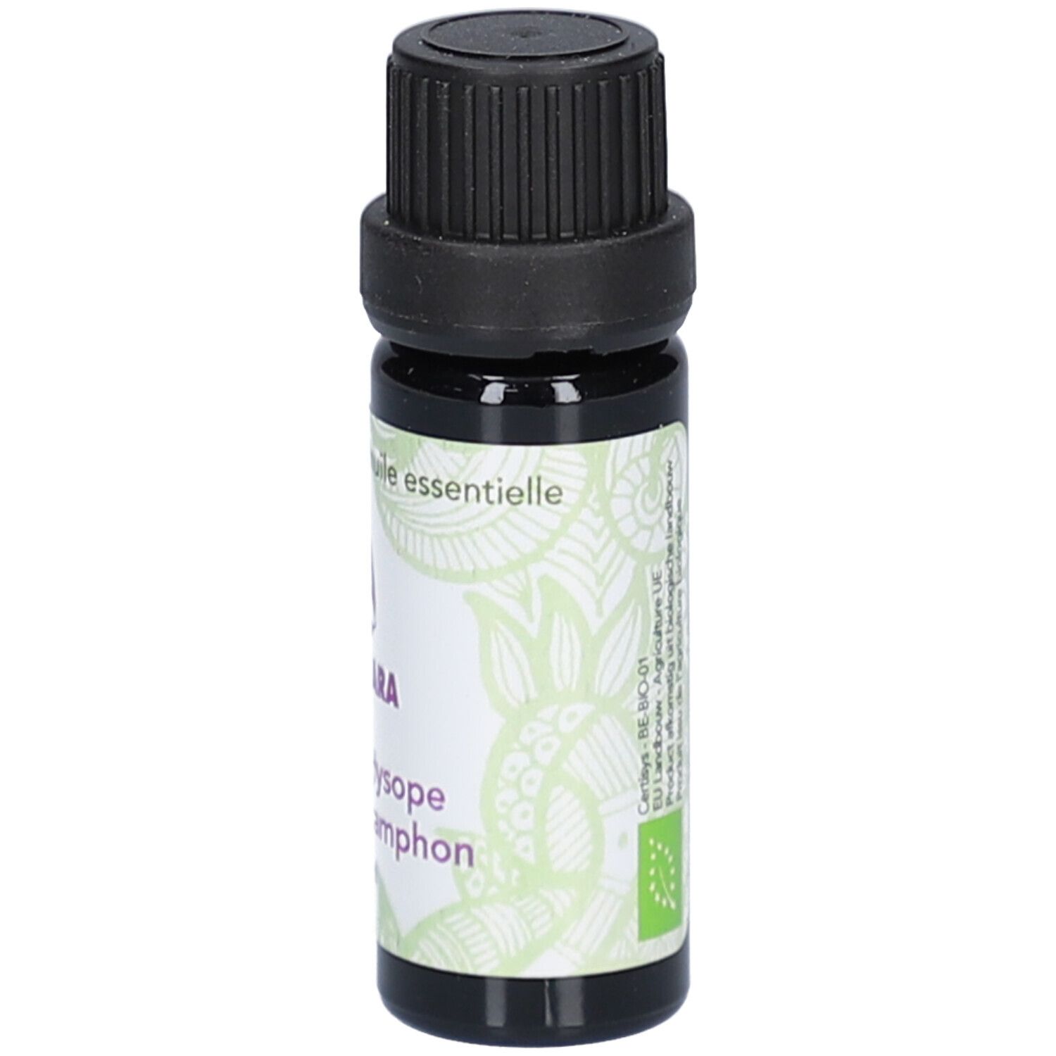 Flacon en verre brun avec bouchon noir. Étiquette avec nom, logo et texte. Label bio UE.