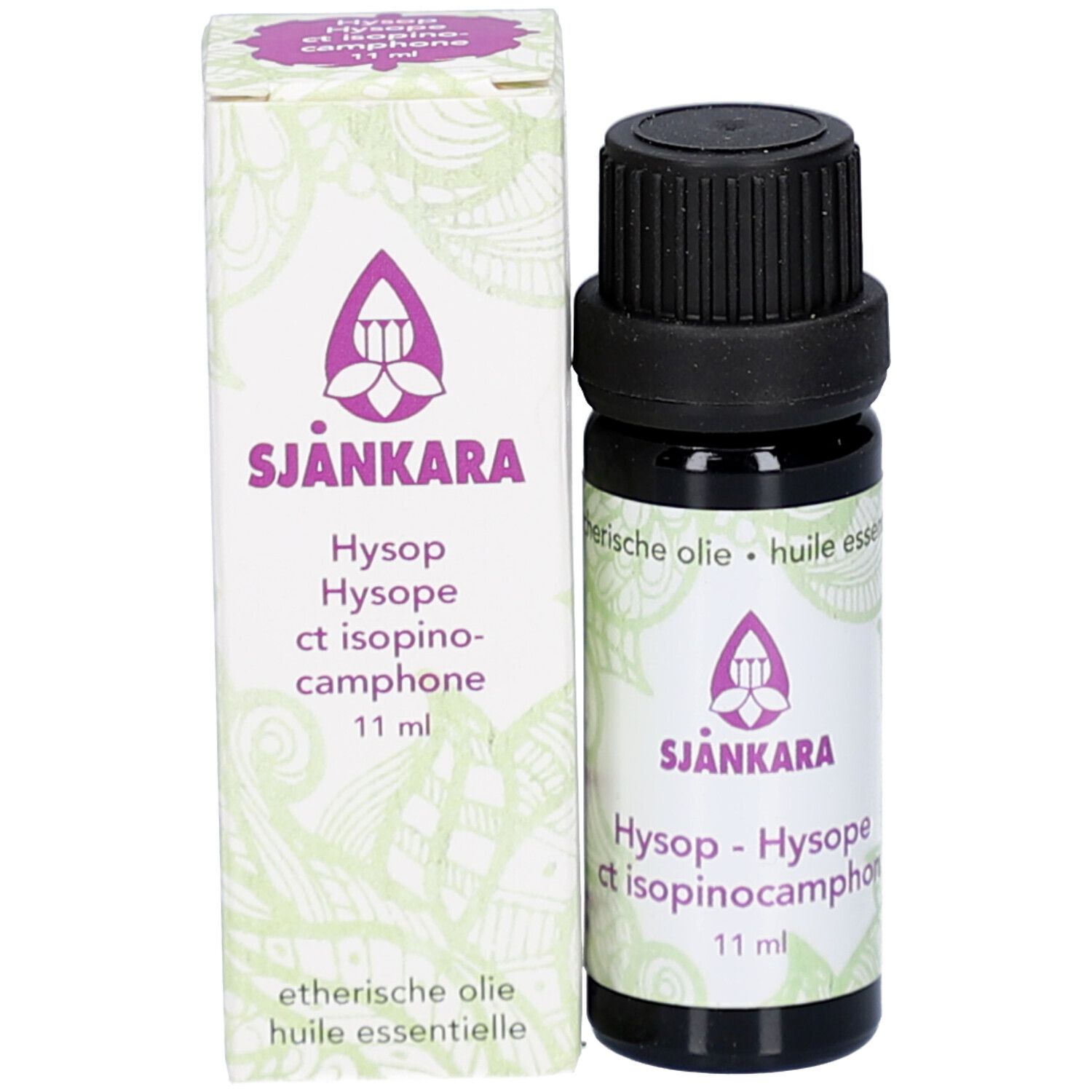 Flacon et boîte en carton. Flacon avec bouchon noir. Boîte avec logo et nom. 11 ml.