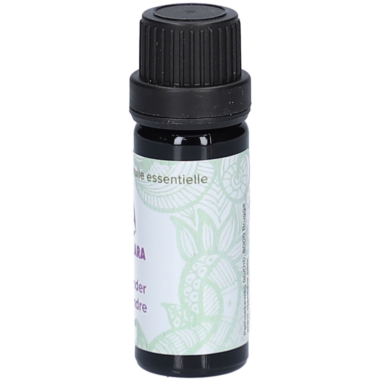 Petite bouteille en verre brun avec bouchon noir. Étiquette avec motif floral et texte. Désignation du produit: Huile essentielle.