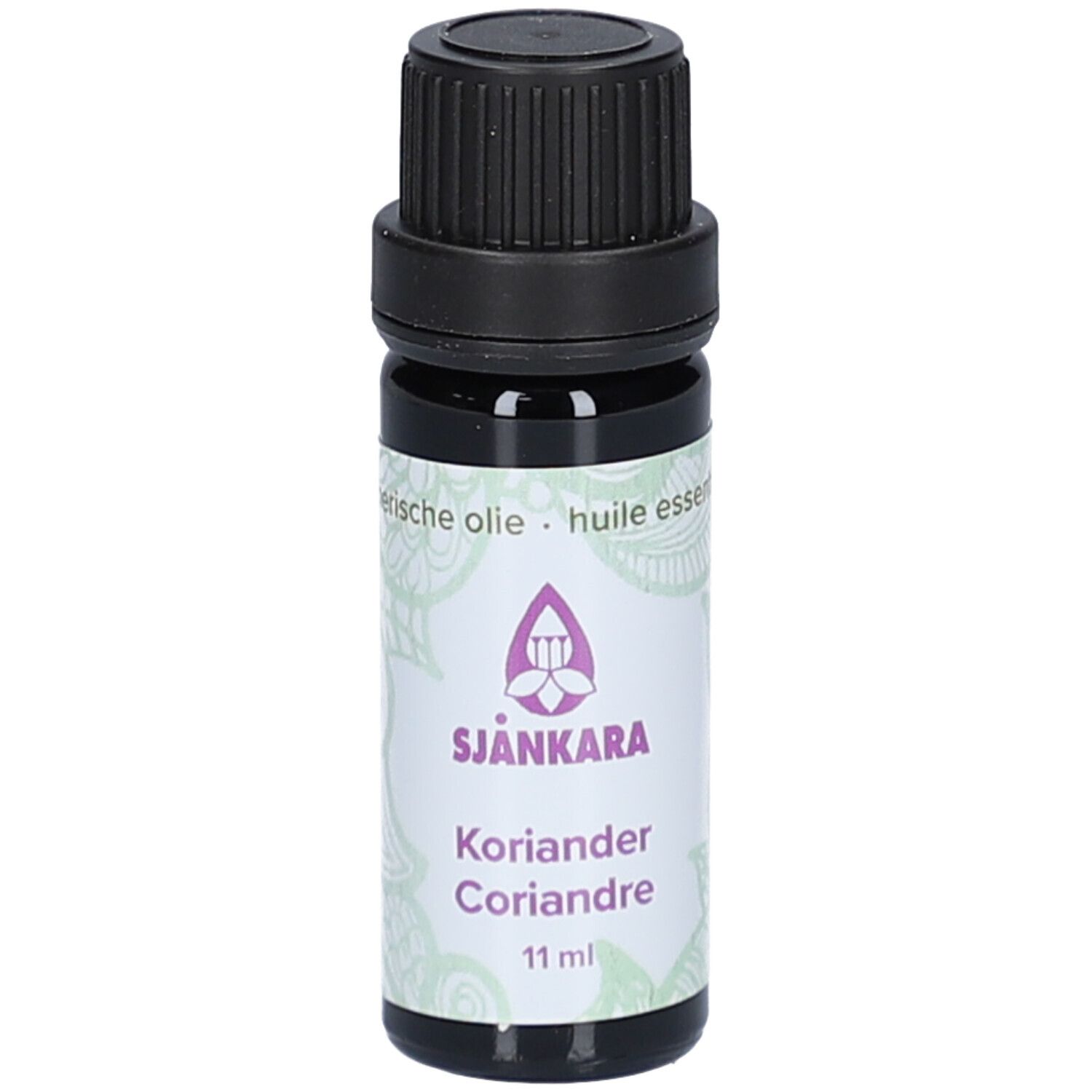 Bouteille en verre brun avec bouchon noir. Étiquette avec logo et texte. Désignation du produit: Coriandre, 11 ml.
