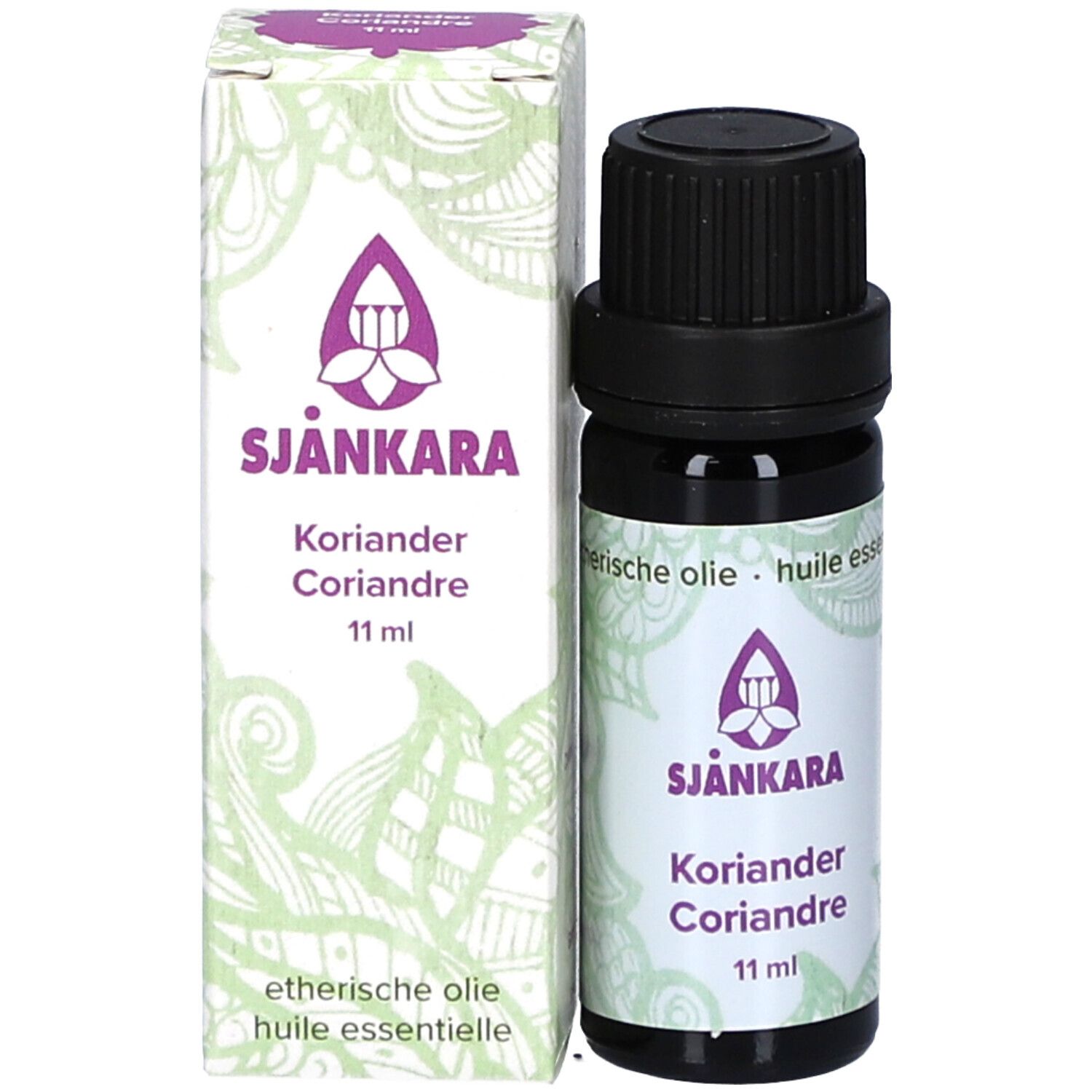 Flacon et emballage du produit. Bouteille en verre brun avec bouchon noir. Emballage avec logo et texte. Désignation du produit: Coriandre, 11 ml.