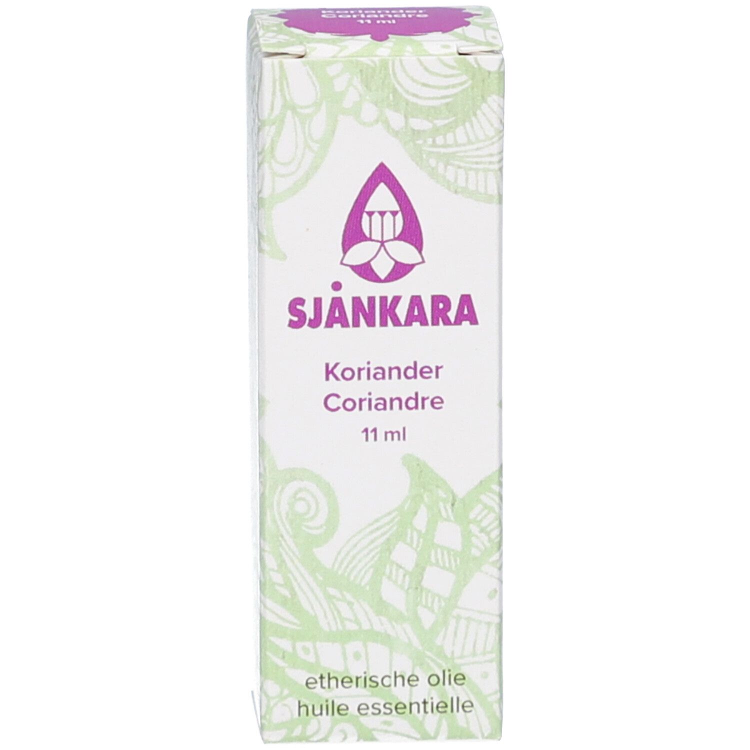 Emballage avec logo et texte. Désignation du produit: Coriandre, 11 ml. Motif floral.