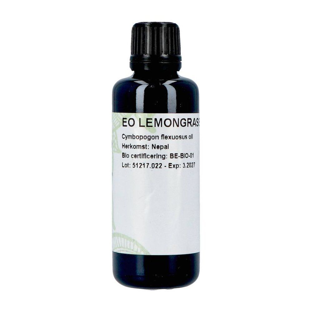 Bruine glazen fles met zwarte dop. Op het etiket staat: EO LEMONGRAS, Cymbopogon flexuosus oil, Herkomst: Nepal, Bio certificering: BE-BIO-01.