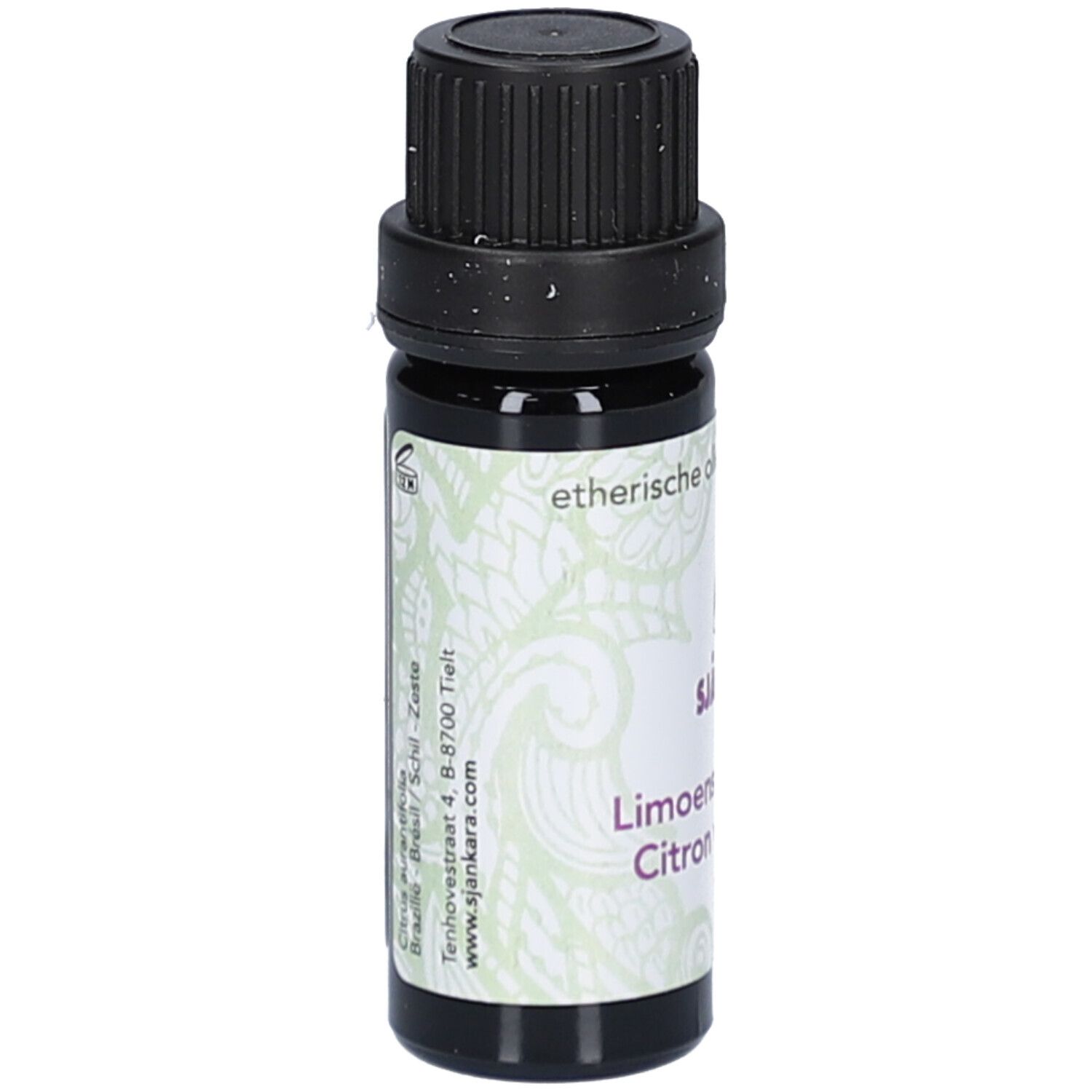 Flacon brun avec bouchon noir. Étiquette avec texte: Limonenschil, Citron. Marque: SJANKARA. Fond vert clair.