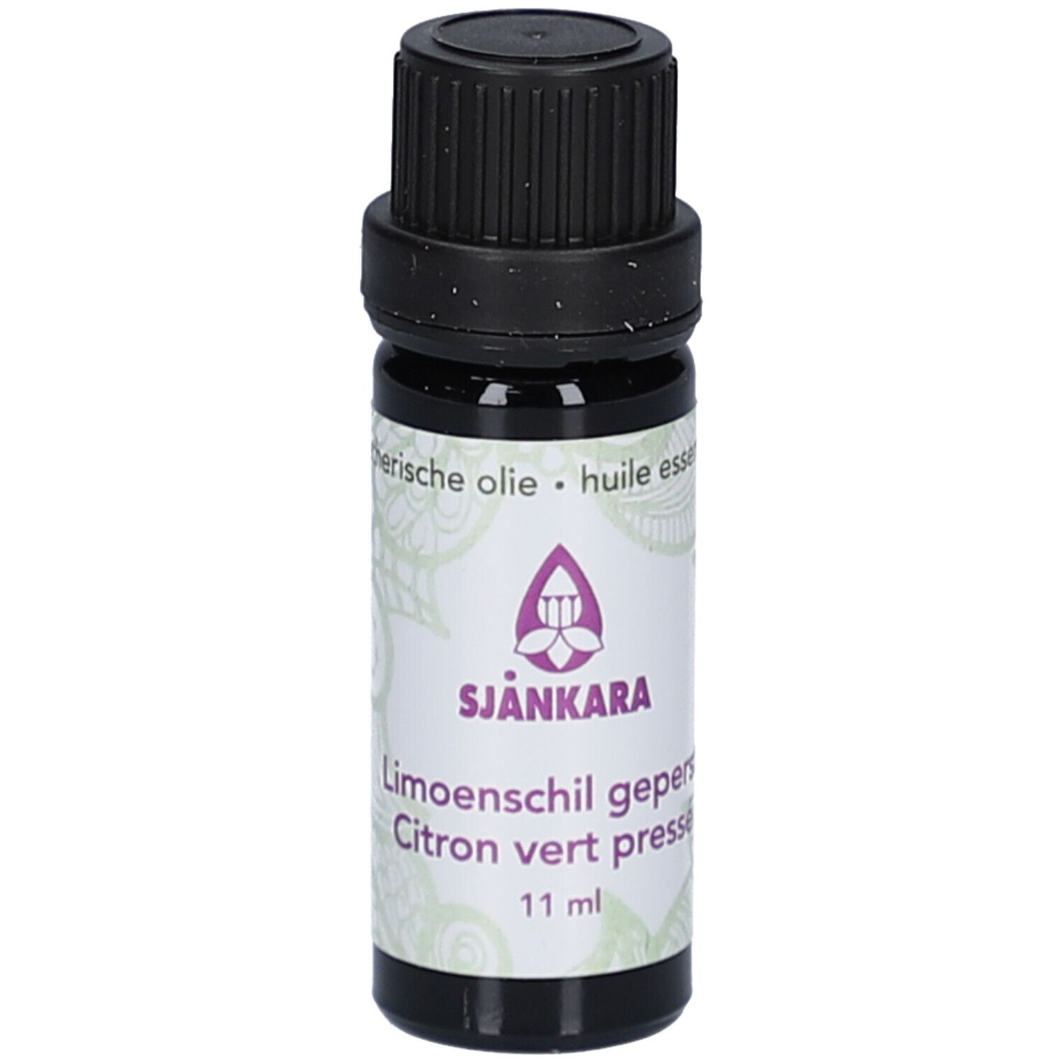 Flacon brun avec bouchon noir. Étiquette avec texte: SJANKARA, Limoenschil, Citron vert pressé, 11 ml.