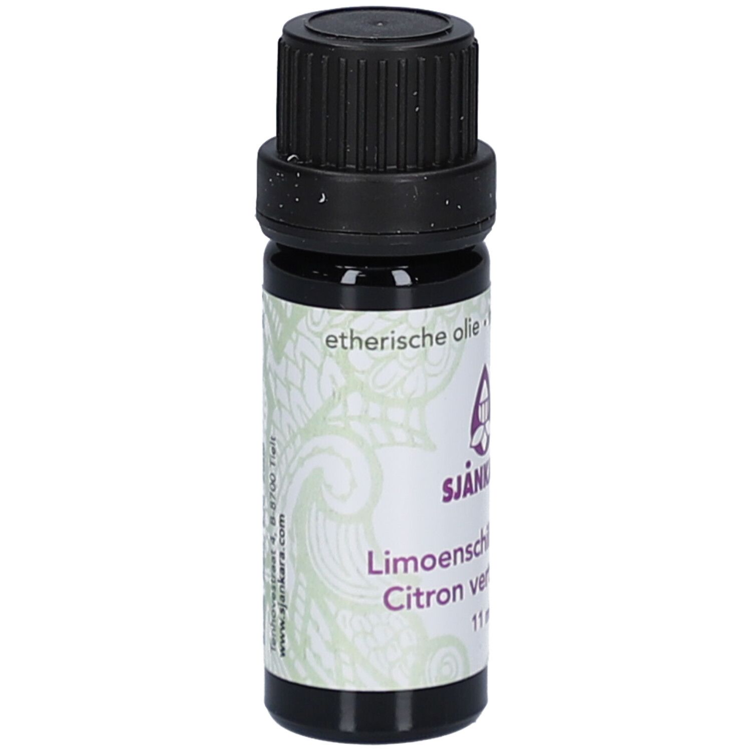 Flacon brun avec bouchon noir. Étiquette avec texte: SJANKARA, Limoenschil, Citron vert, 11 ml.