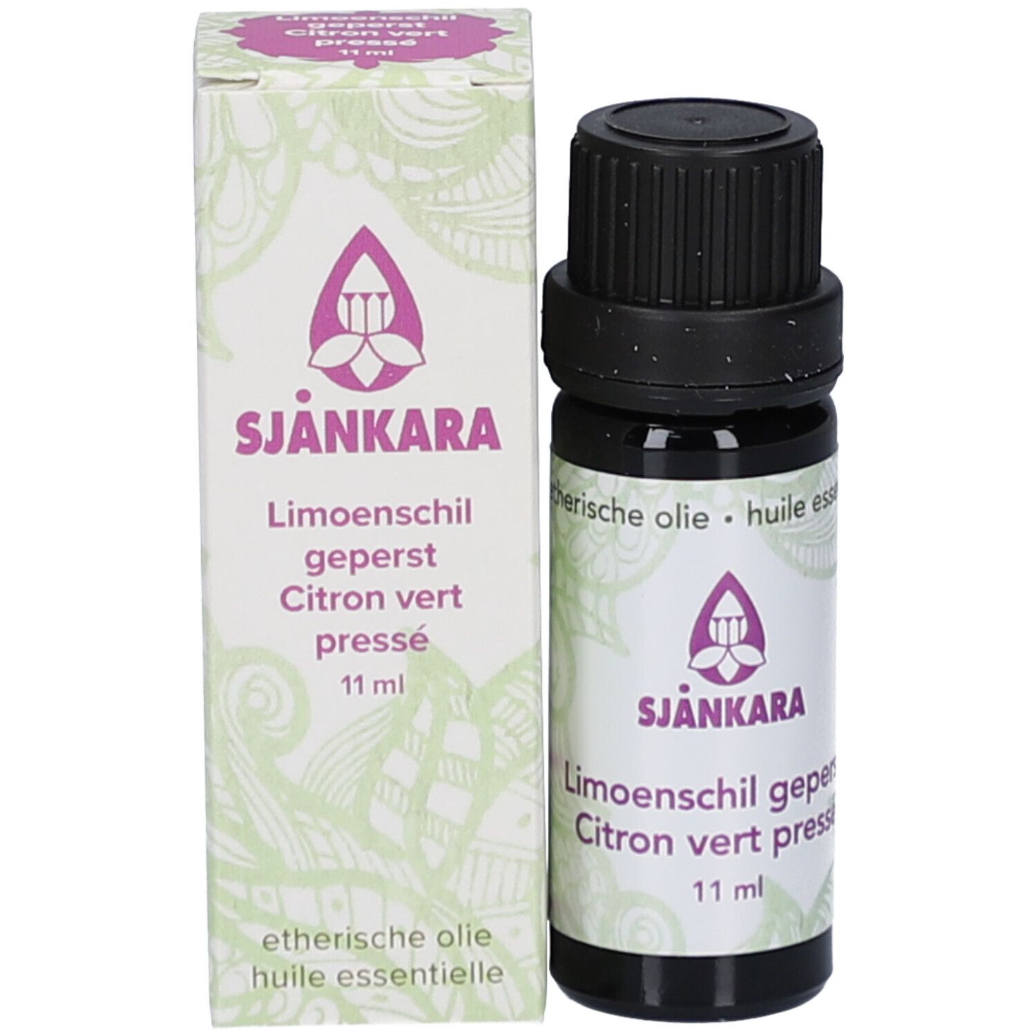 Flacon brun et boîte. Sur le flacon: SJANKARA, Limoenschil, Citron vert pressé, 11 ml. Sur la boîte: SJANKARA.