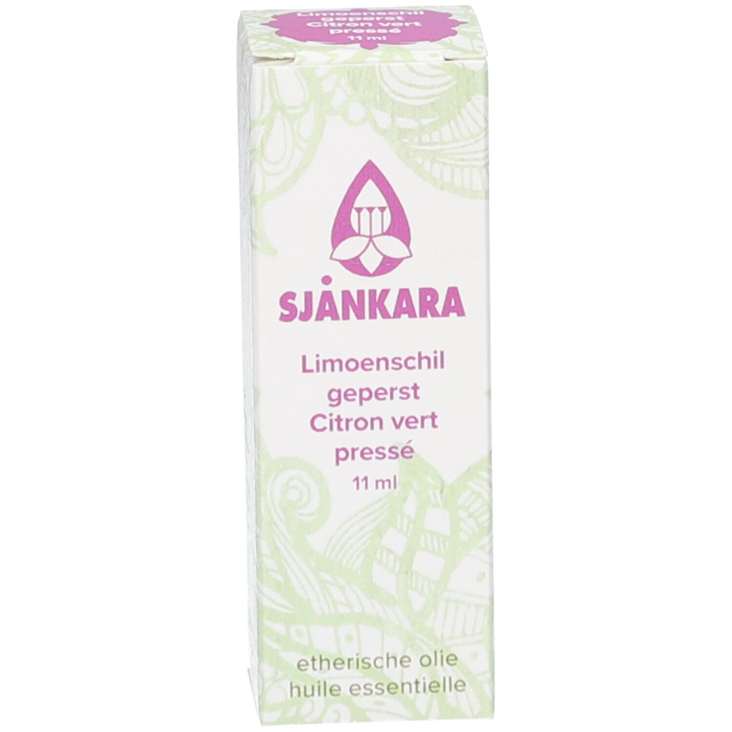 Boîte avec texte: SJANKARA, Limoenschil, Citron vert pressé, 11 ml. Fond: vert clair.