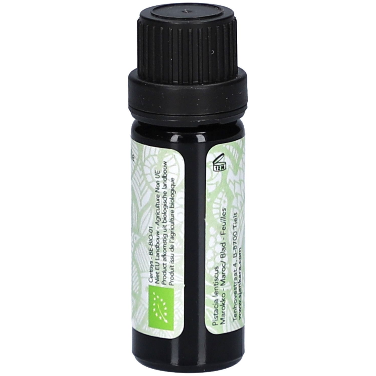 Flacon en verre brun avec bouchon noir. Étiquette avec motif floral et texte: Pistacia lentiscus, certification Bio.