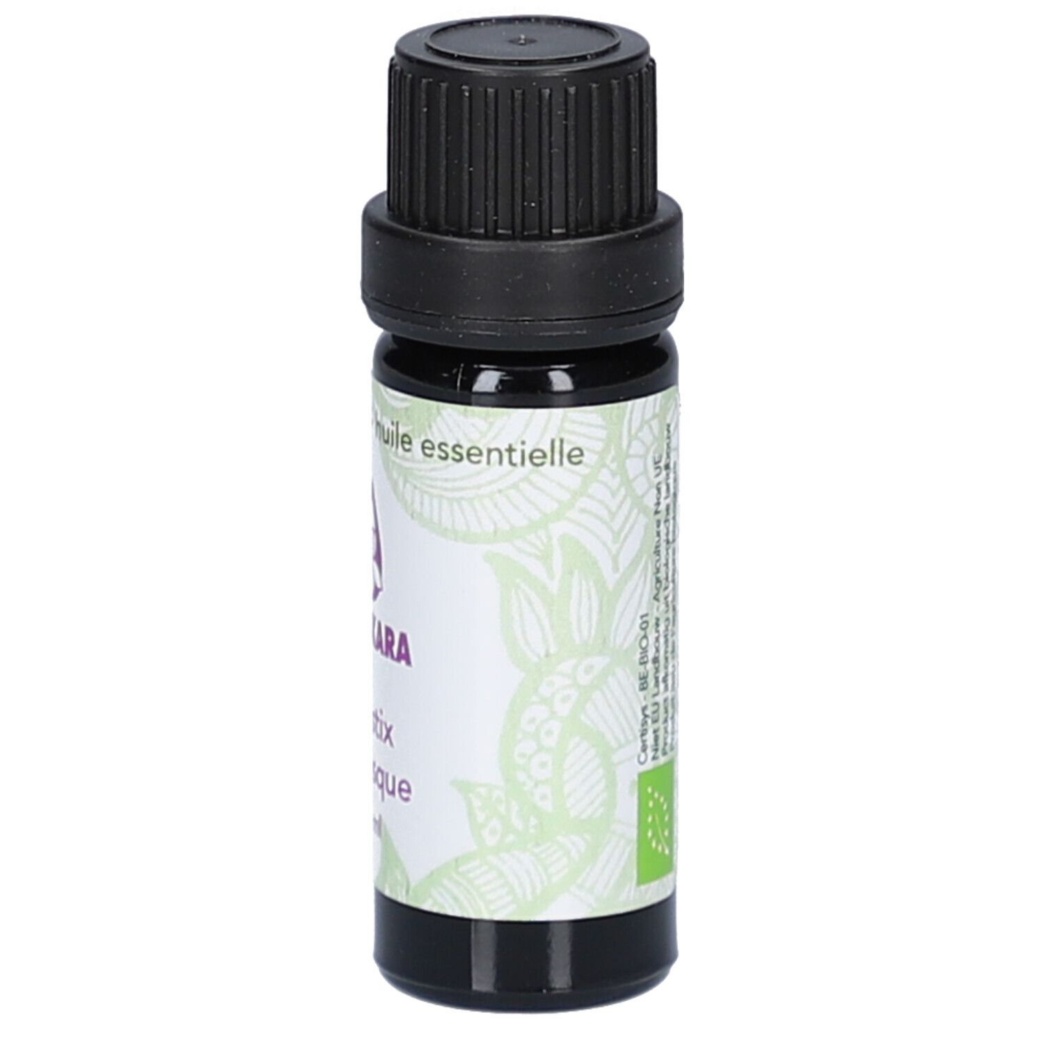 Flacon en verre brun avec bouchon noir. Étiquette avec motif floral et texte: huile essentielle, Sjankara, Mastix.