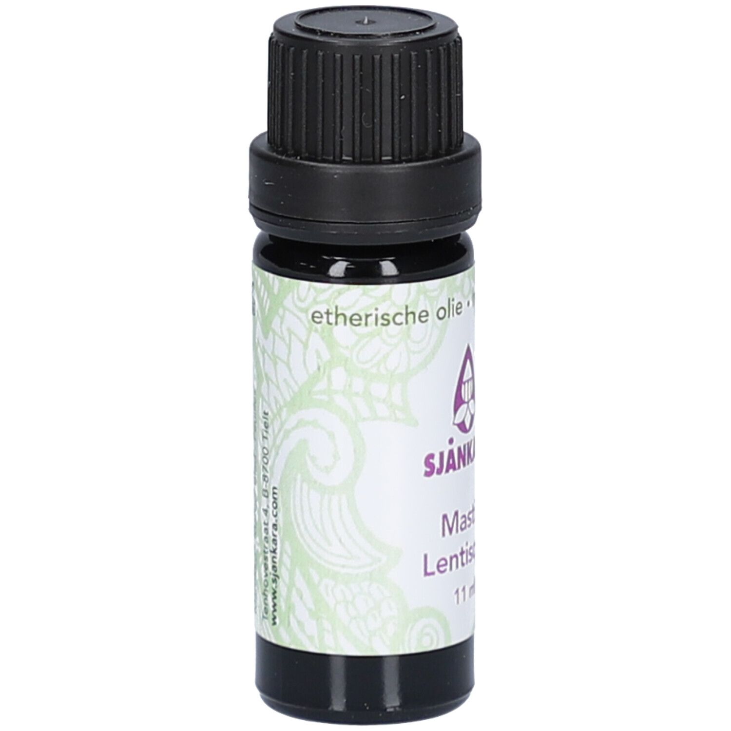 Flacon en verre brun avec bouchon noir. Étiquette avec texte: etherische olie, Sjankara, Mastix Lentisque, 11 ml.